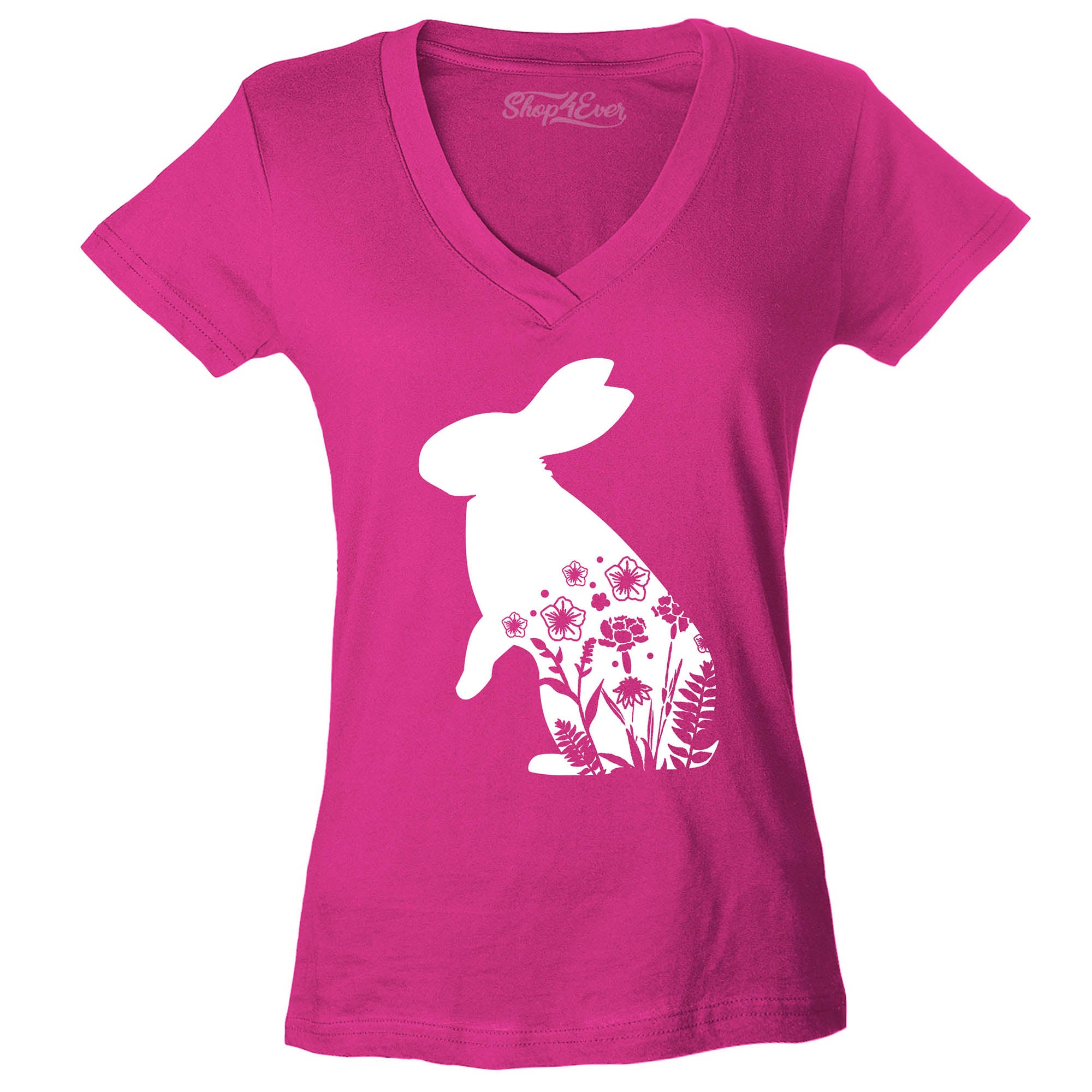 Floral Easter Bunny Rabbit with Spring Flowers Women's V-Neck T-Shirt Slim Fit
