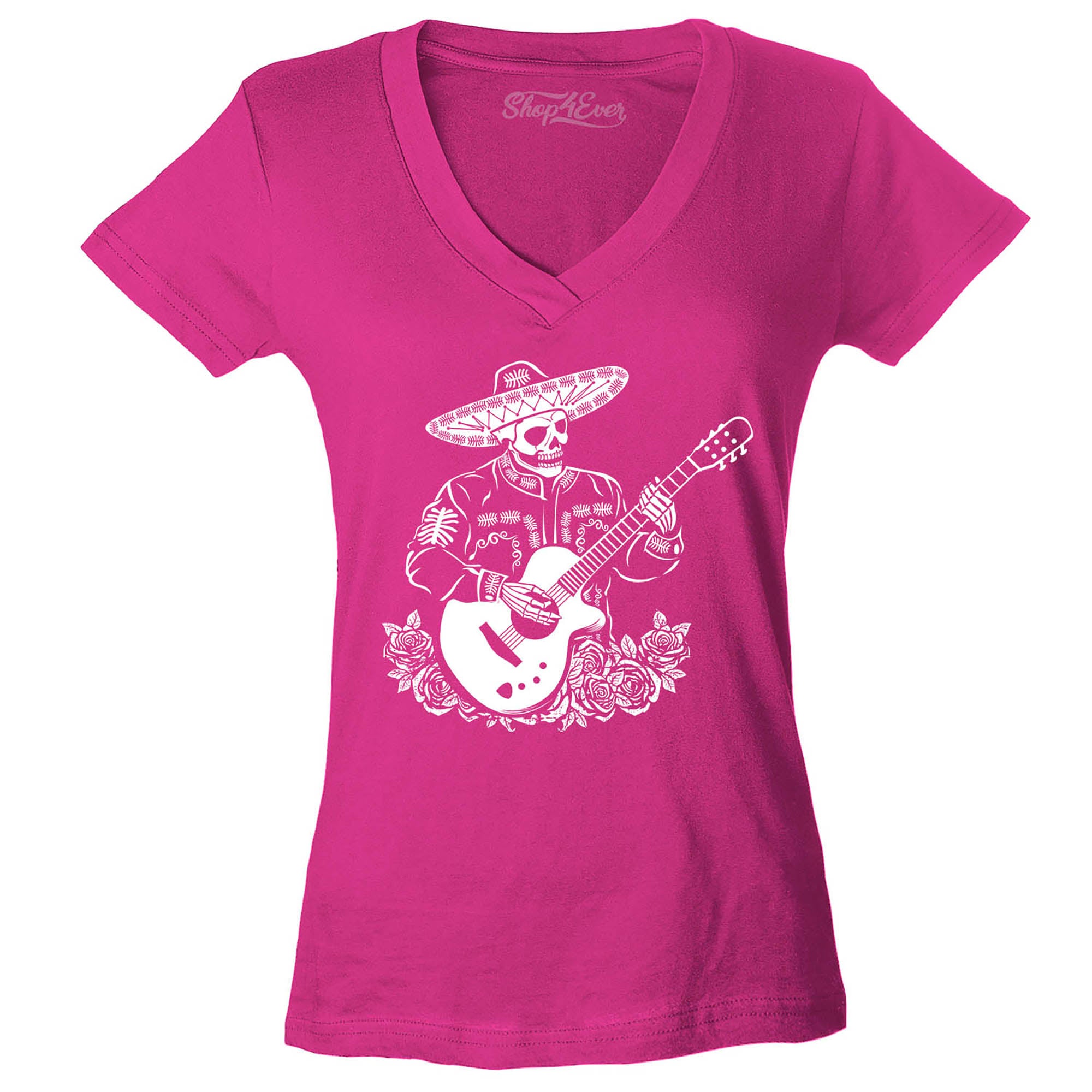 Mariachi Skeleton Playing Guitar Day of The Dead Women's V-Neck T-Shirt Slim Fit