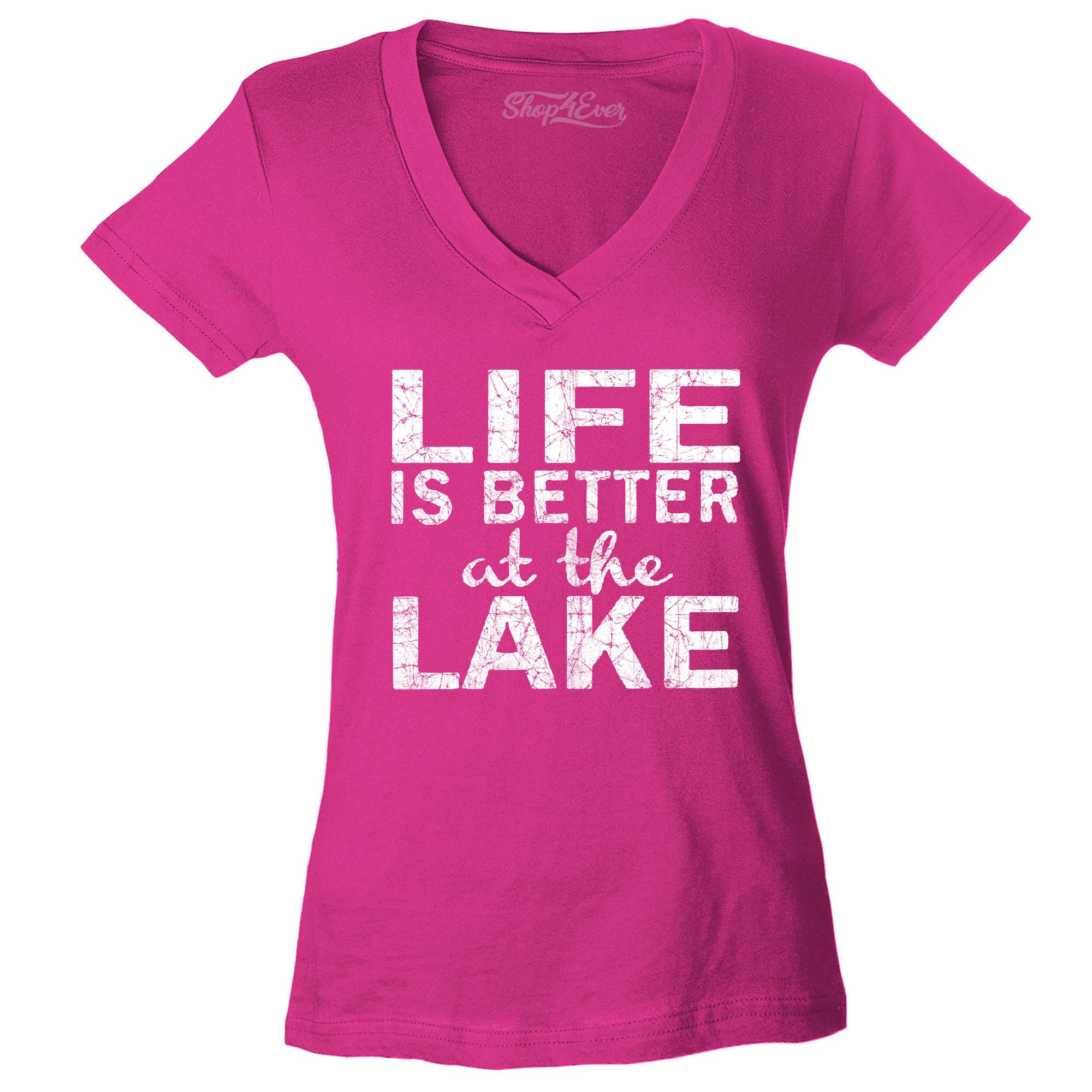 Life is Better at The Lake Women's V-Neck T-Shirt Sayings Shirts Slim FIT