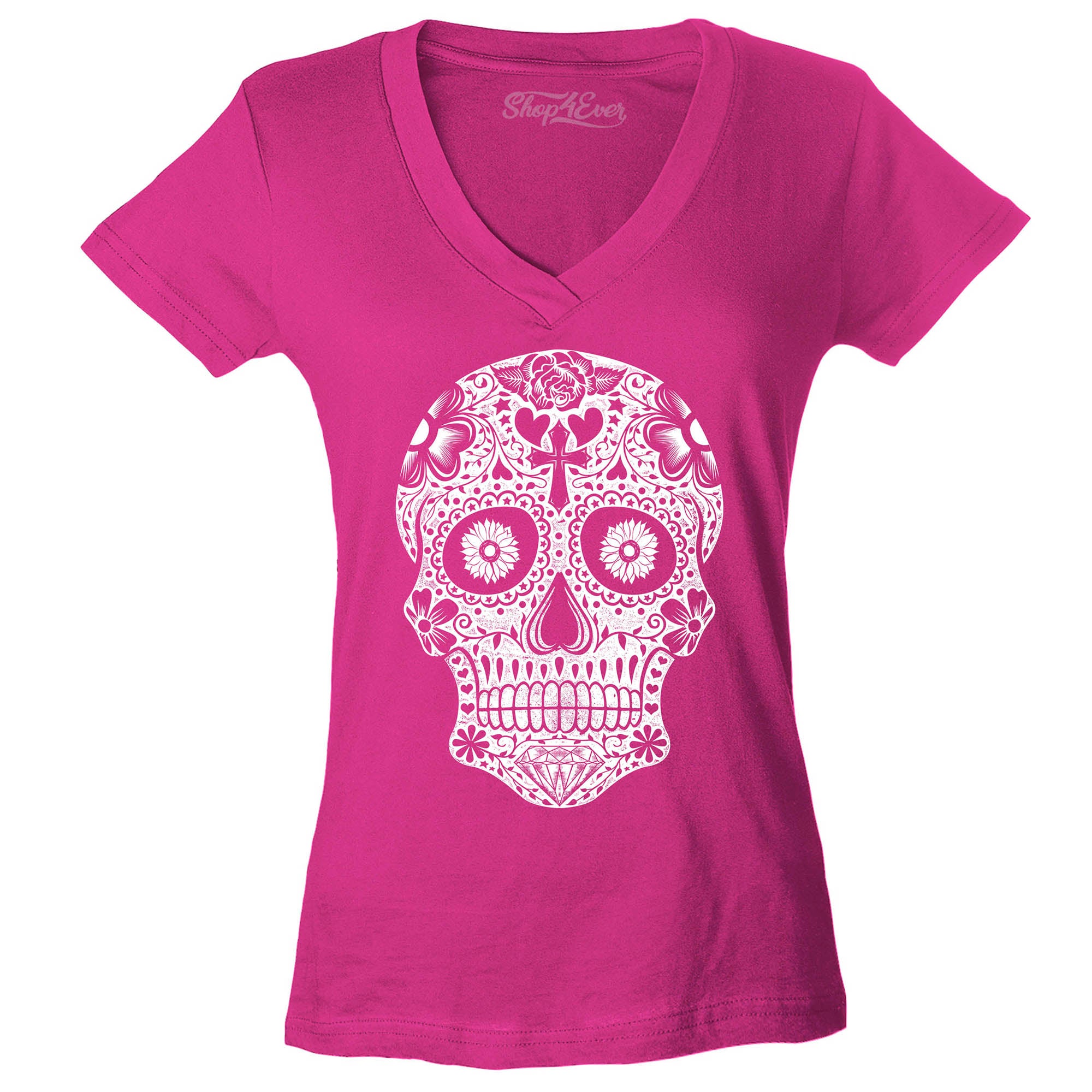 Day of The Dead White Skull Women's V-Neck T-Shirt Slim Fit