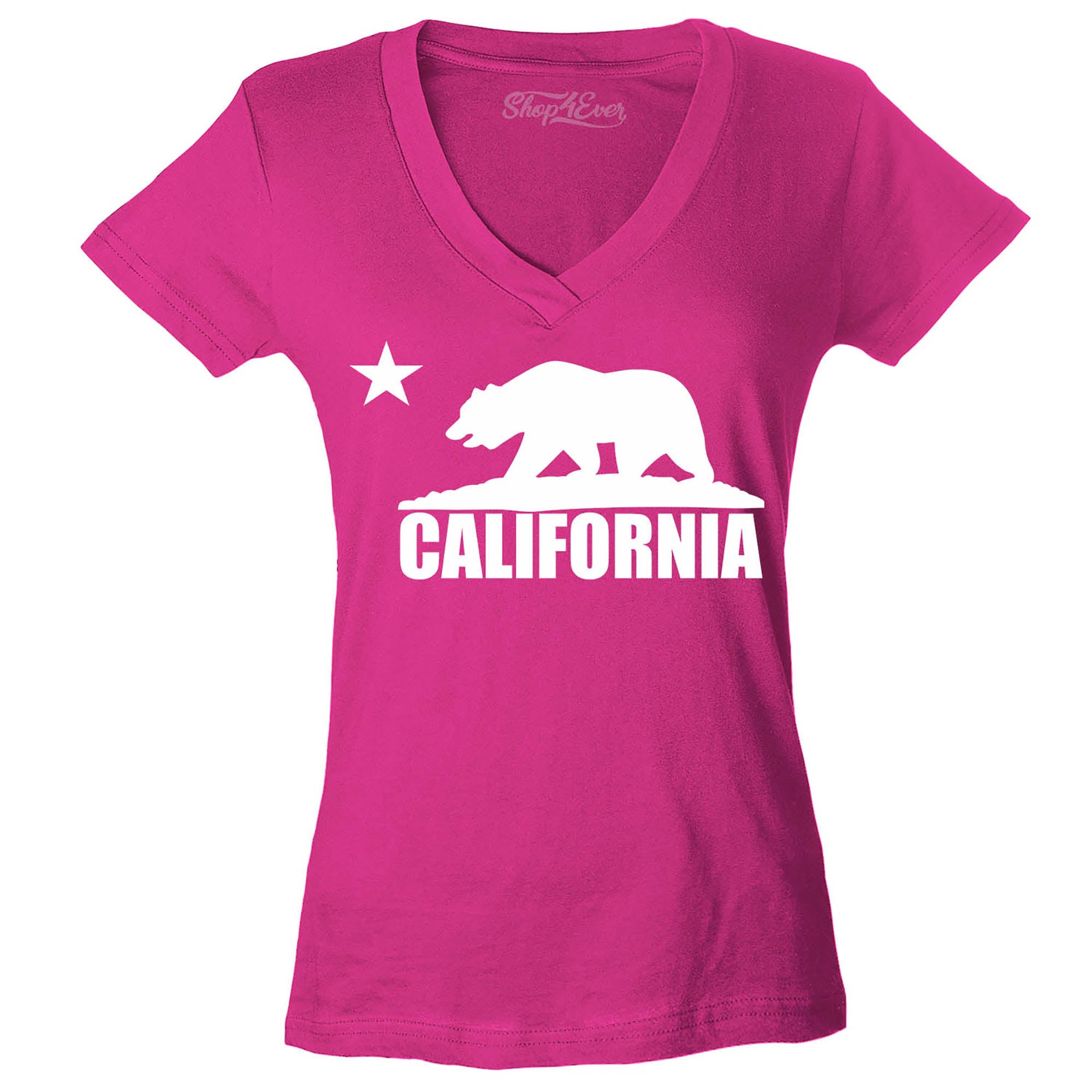 California Bear White Women's V-Neck T-Shirt Flag Shirts Slim FIT