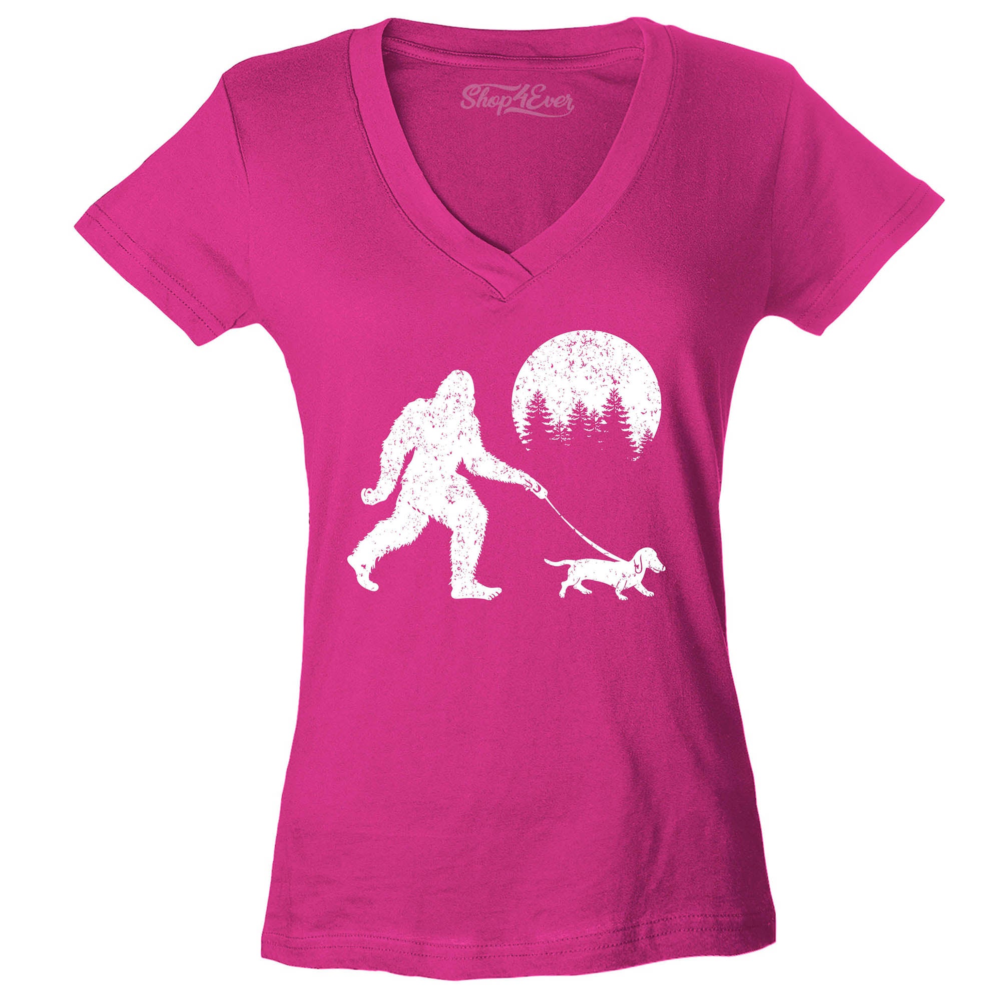 Bigfoot Walking Wiener Dog Funny Sasquatch Dachshund Women's V-Neck T-Shirt Slim Fit