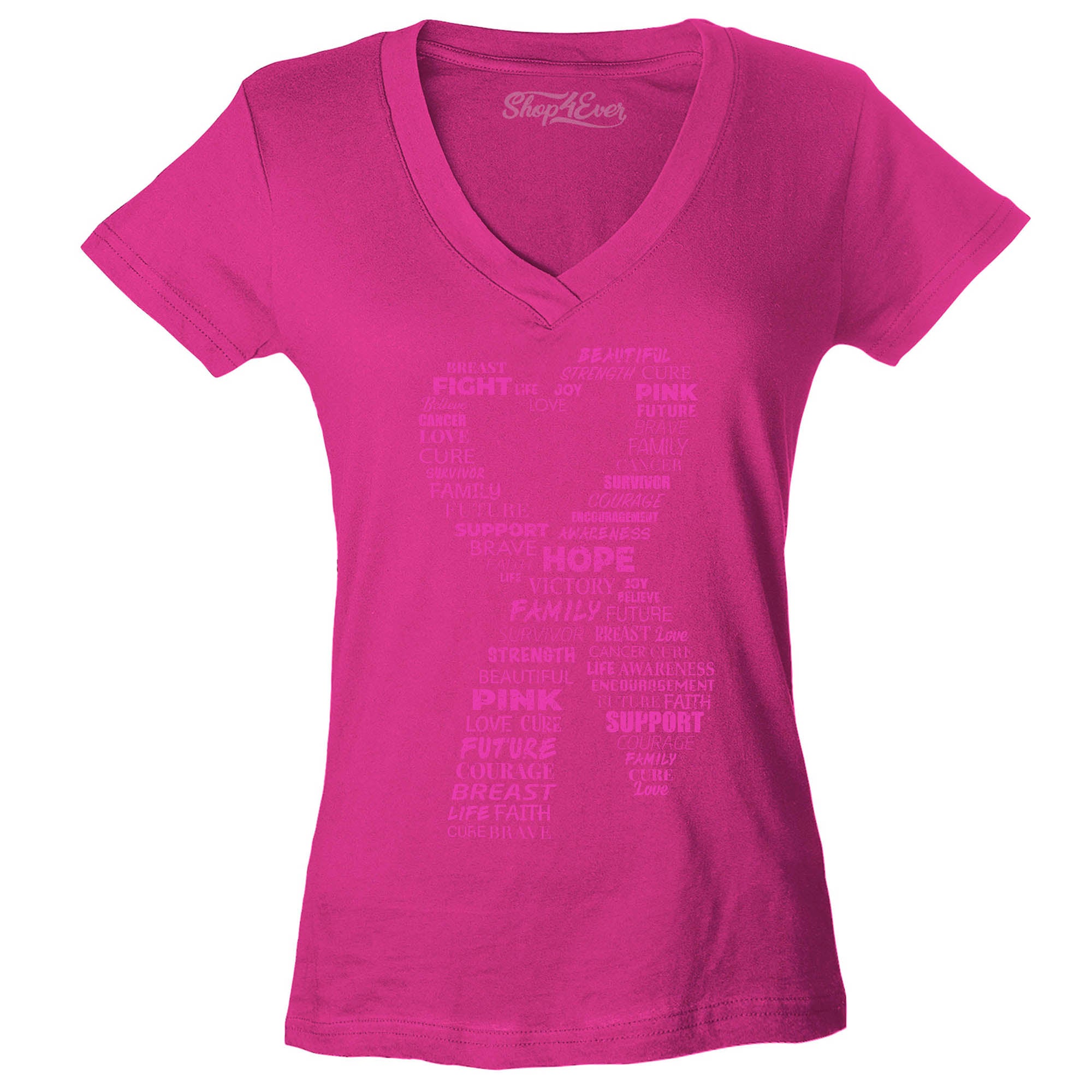 Pink Heart Ribbon Montage Breast Cancer Awareness Word Cloud Women's V-Neck T-Shirt Slim Fit