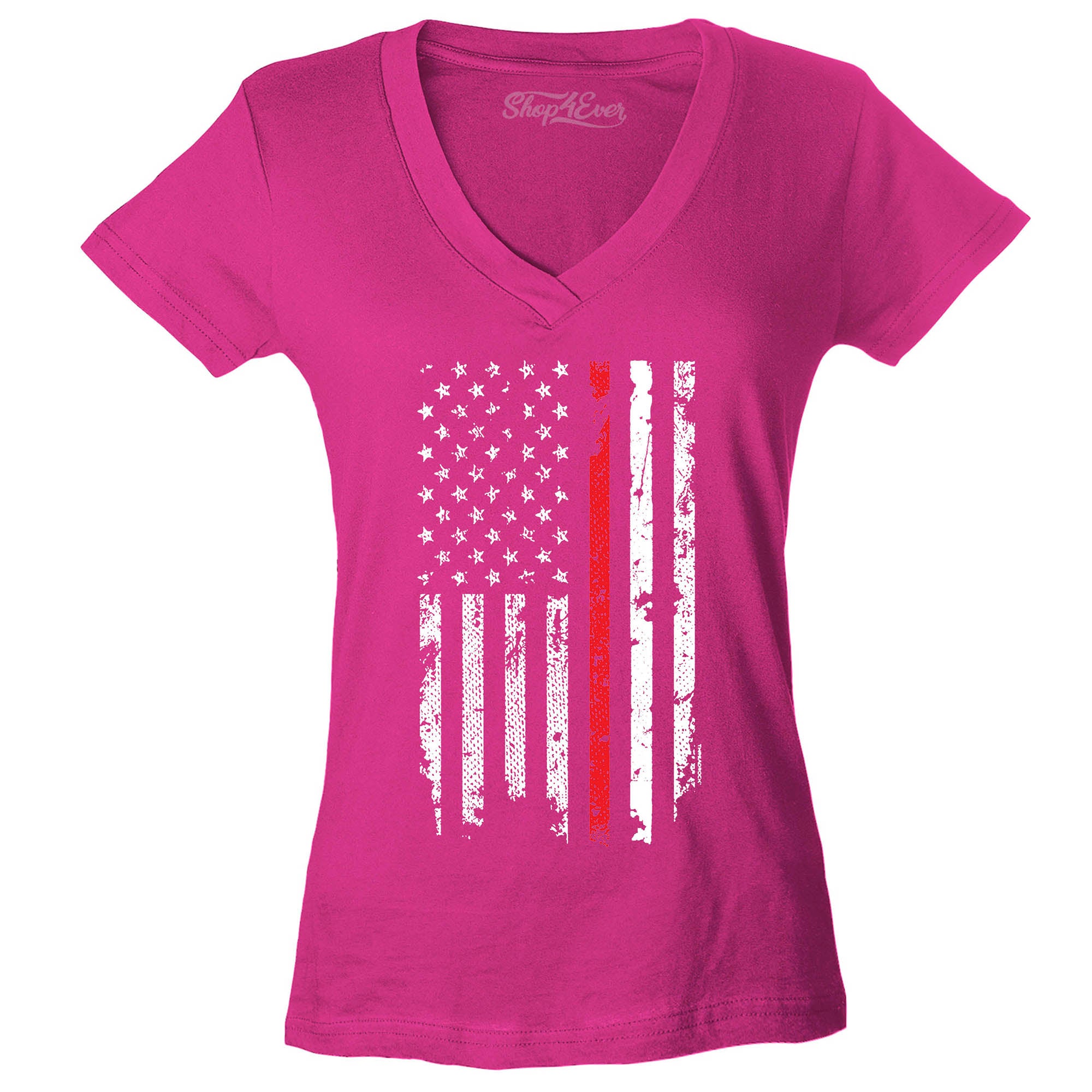 Firefighter American Flag Red Line Stripe USA Women's V-Neck T-Shirt 4th of July Shirts Slim FIT