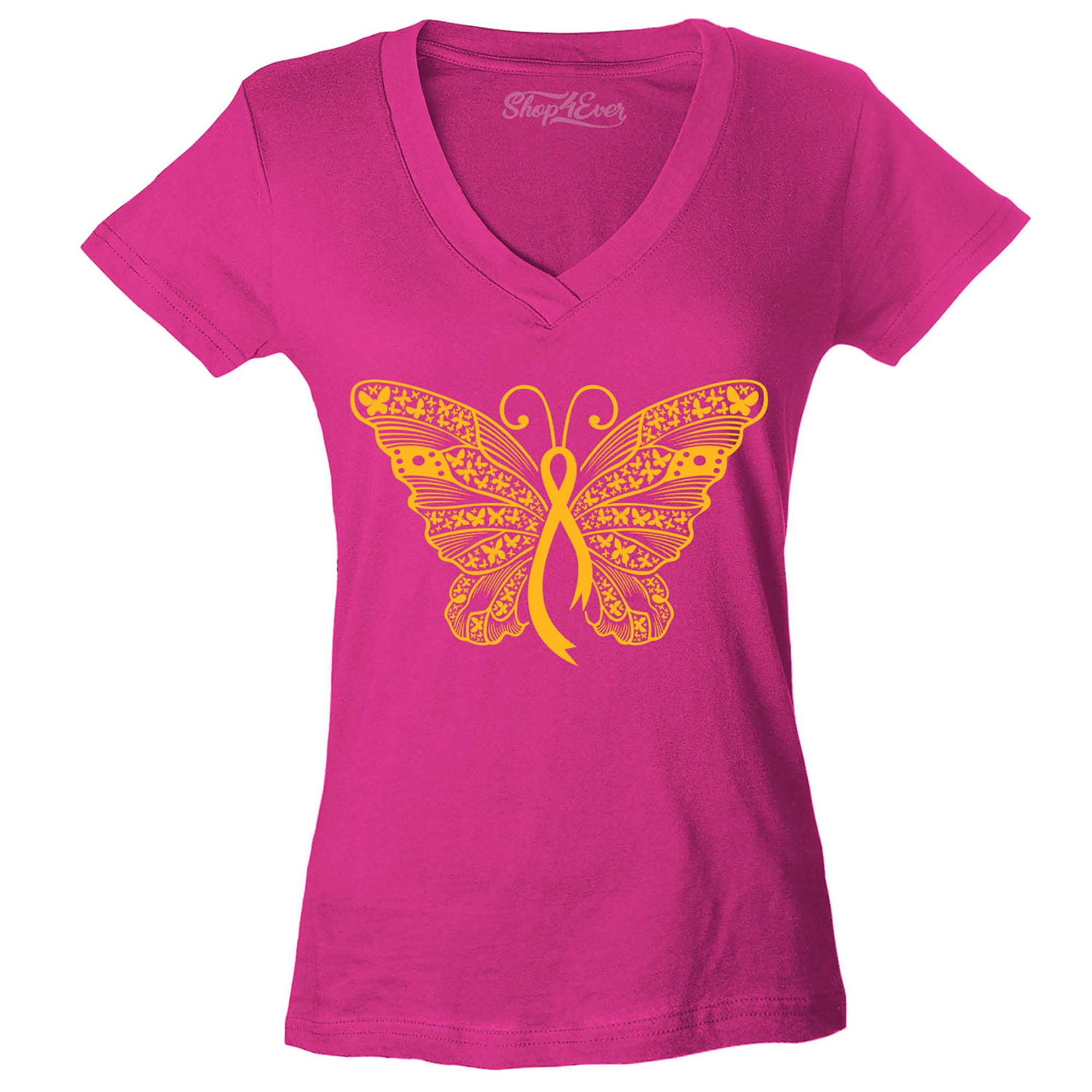 Gold Ribbon Butterfly Childhood Cancer Awareness Women's V-Neck T-Shirt Slim Fit