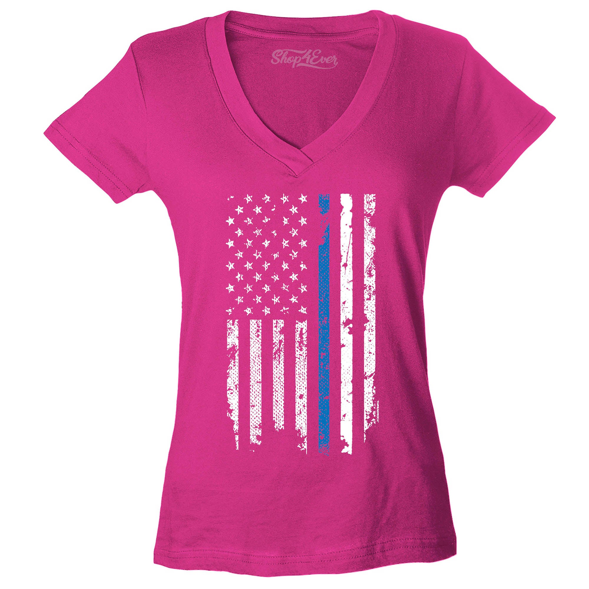 Police Officer American Flag Blue Line USA Women's V-Neck T-Shirt Law Enforcement Shirts Slim FIT
