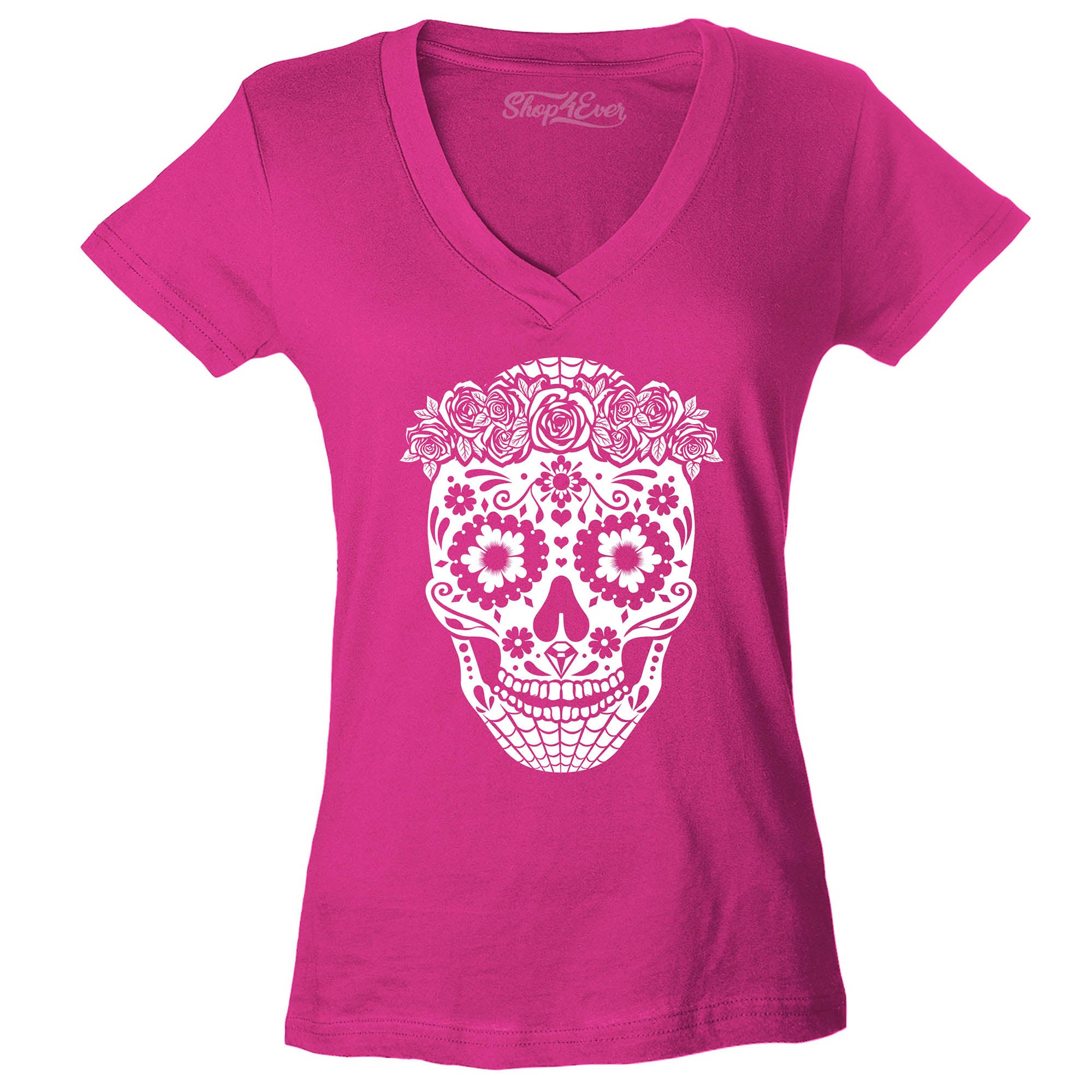 Floral Day of The Dead Girl Skull Women's V-Neck T-Shirt Slim Fit