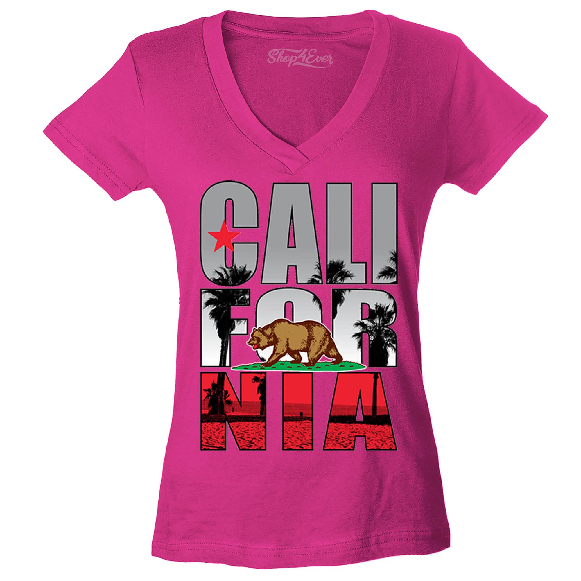California Beach Palm Tree Women's V-Neck T-Shirt Flag Shirts Slim FIT