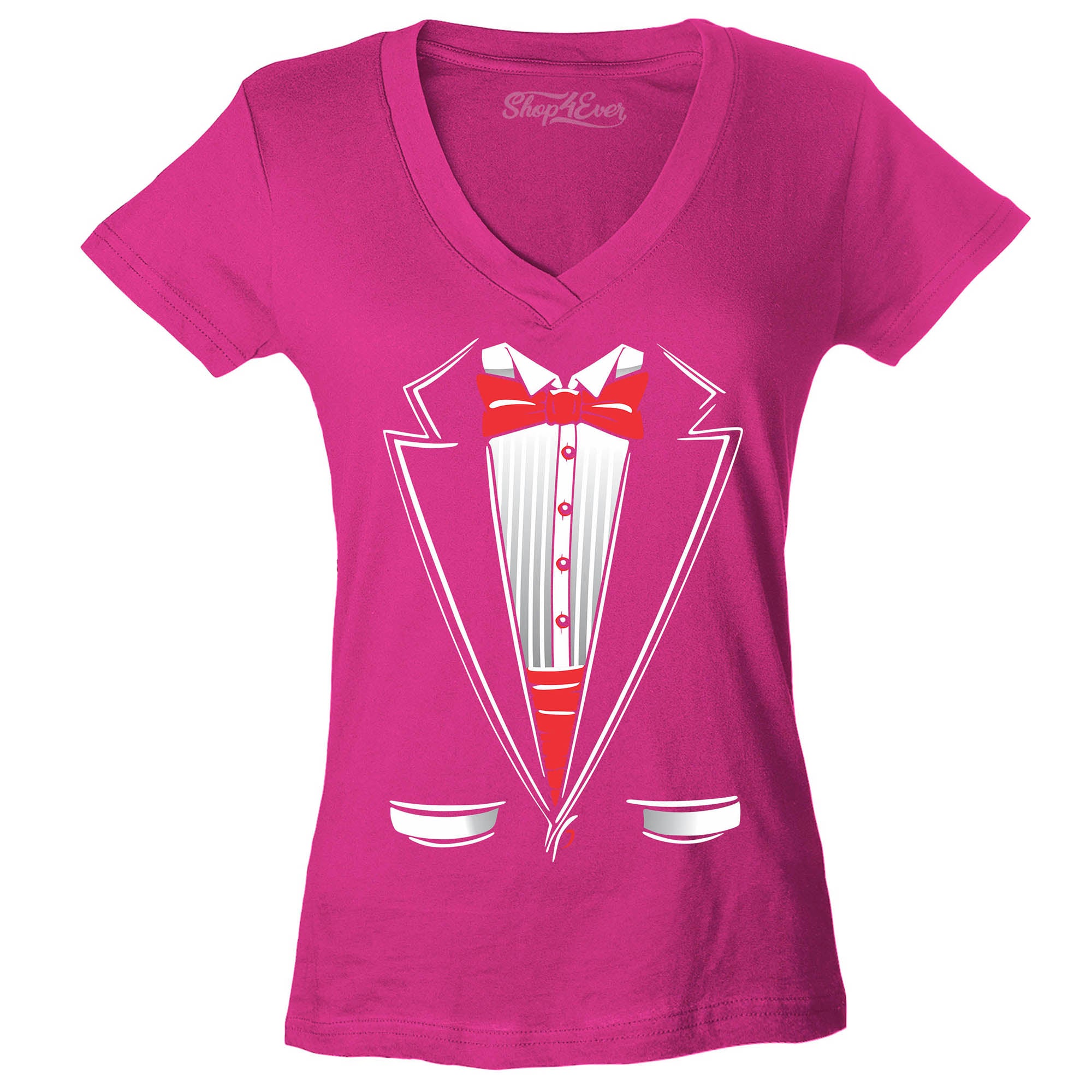 Classic Tuxedo Women's V-Neck T-Shirt Party Costume Shirts Slim FIT