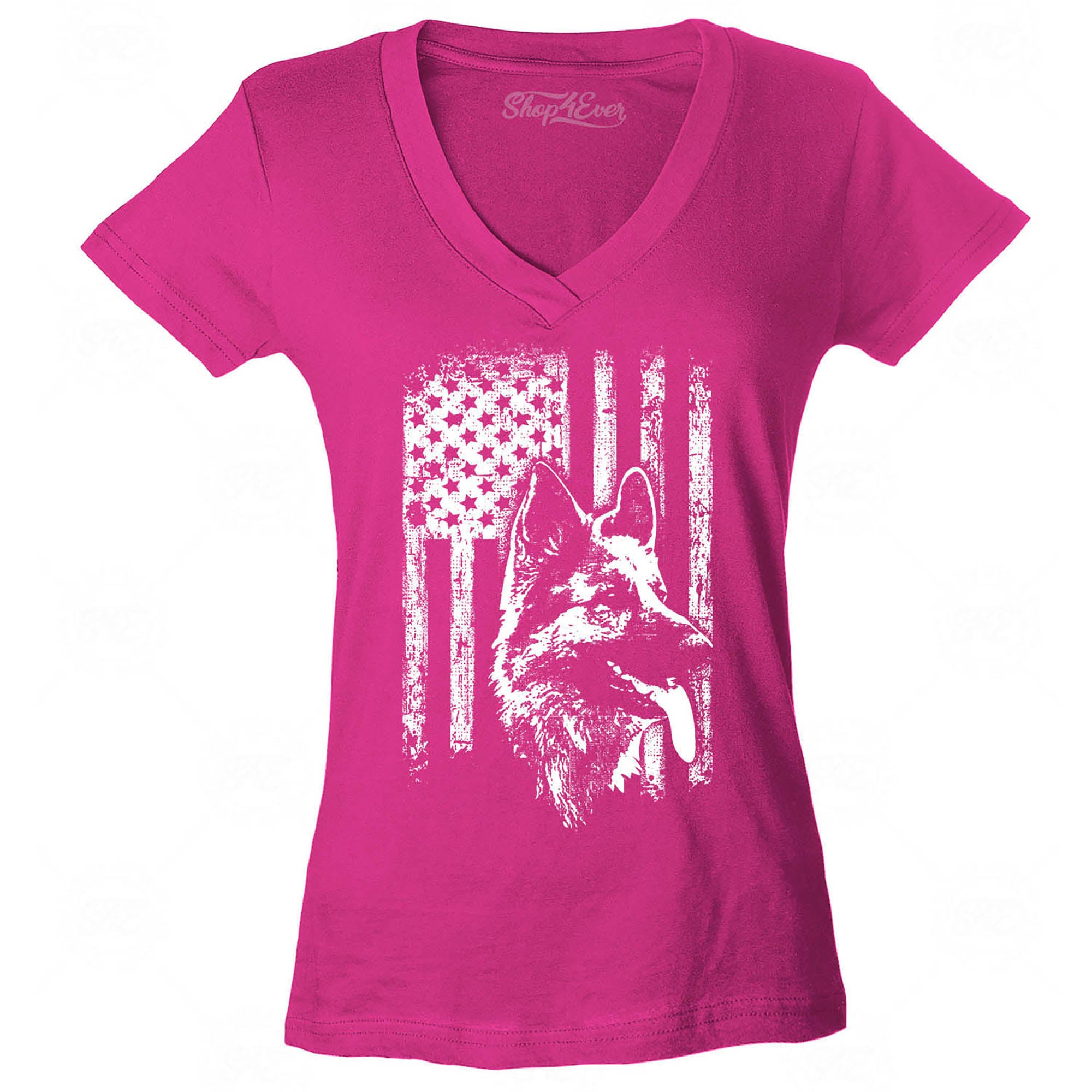 German Shepherd American Flag Women's V-Neck T-Shirt Slim Fit