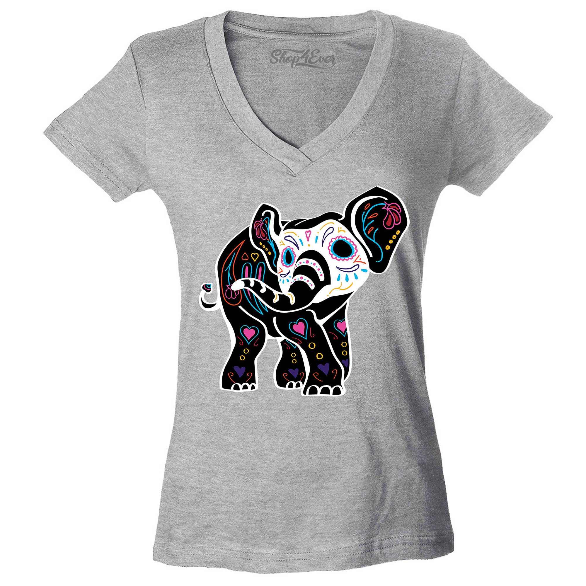 Day of The Dead Sugar Elephant Women's V-Neck T-Shirt Slim Fit