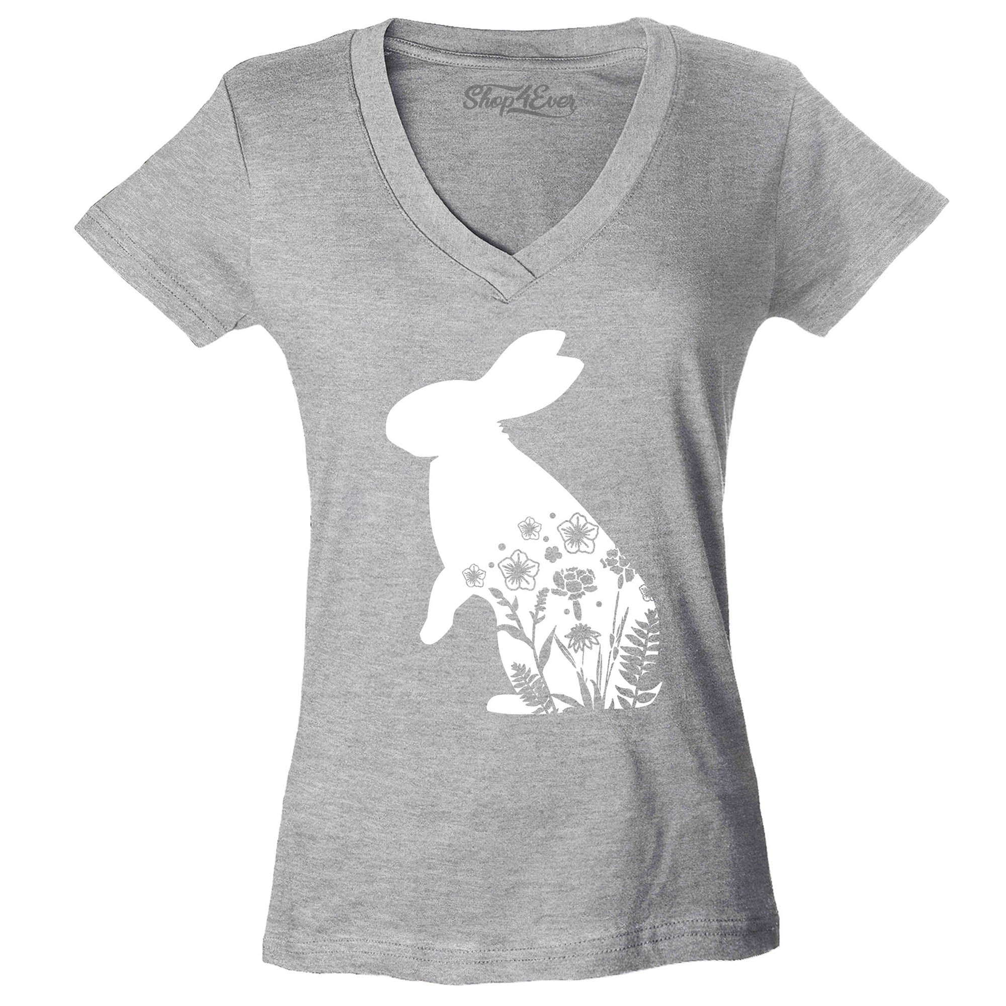 Floral Easter Bunny Rabbit with Spring Flowers Women's V-Neck T-Shirt Slim Fit