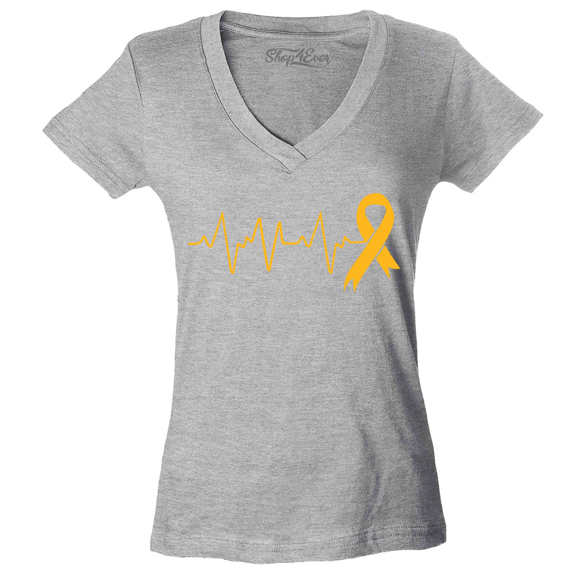Heartbeat Gold Ribbon Childhood Cancer Awareness Women's V-Neck T-Shirt Slim Fit