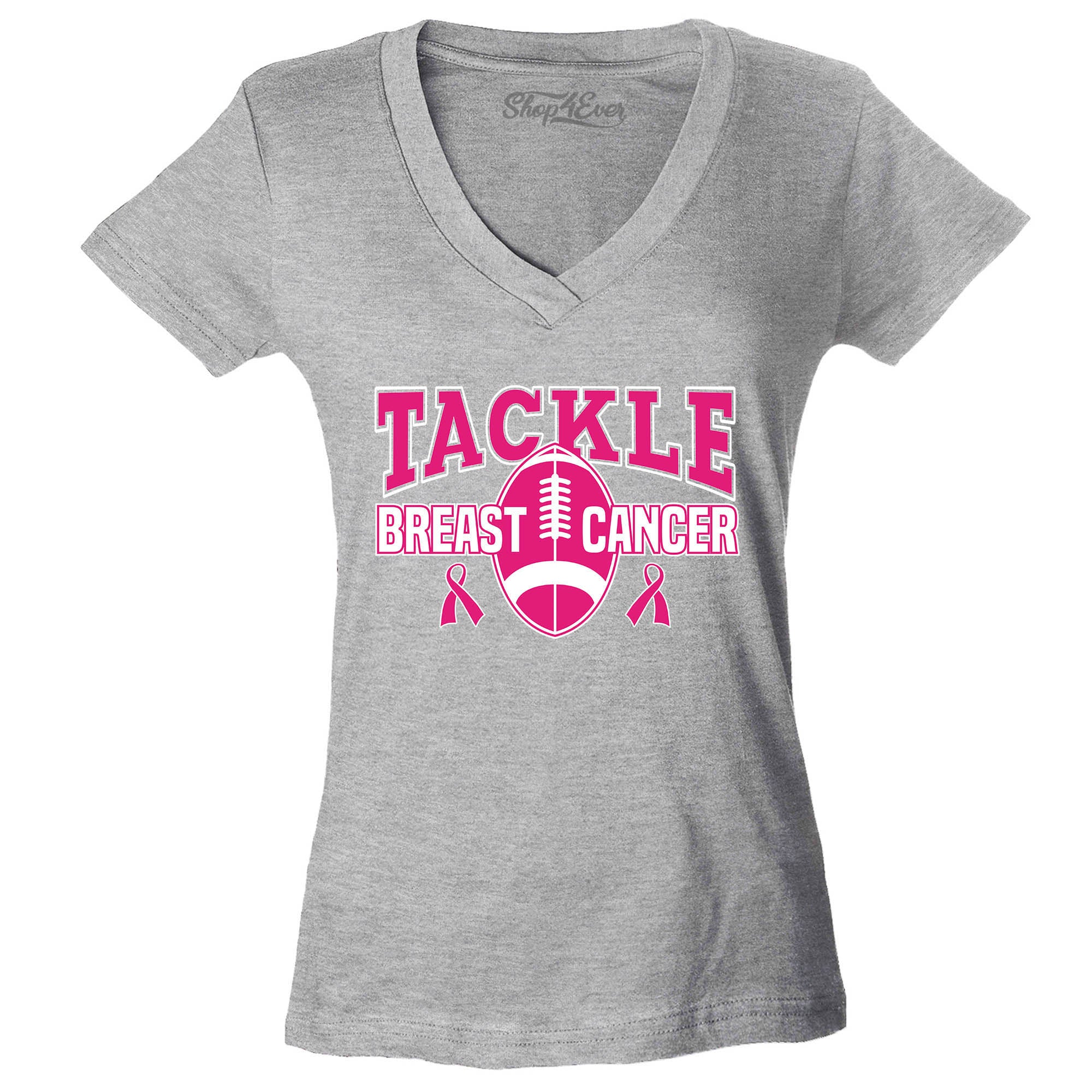 Tackle Breast Cancer Awareness Women's V-Neck T-Shirt Football Pink Ribbon Shirts Slim Fit