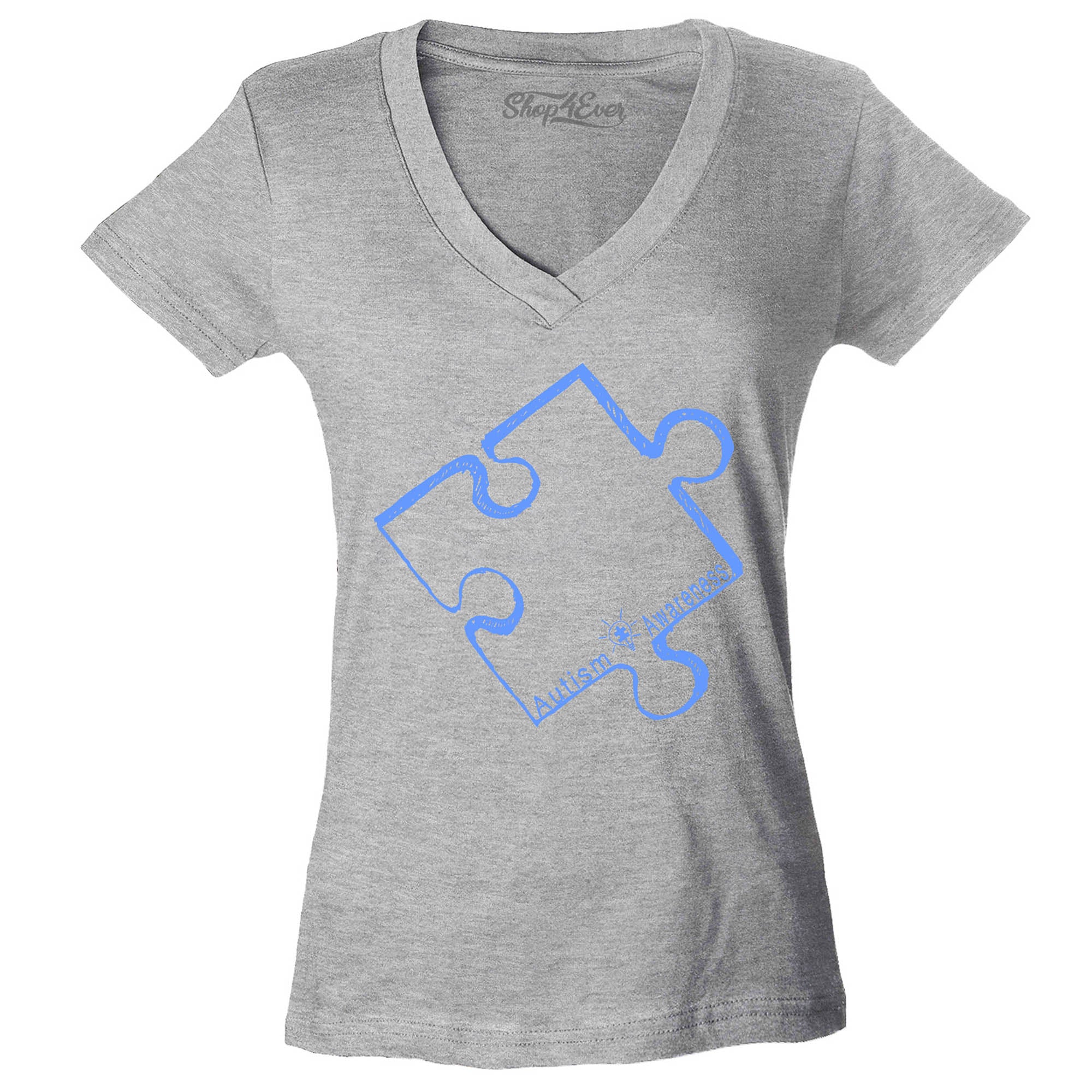 Blue Puzzle Piece Women's V-Neck T-Shirt Autism Support Shirts