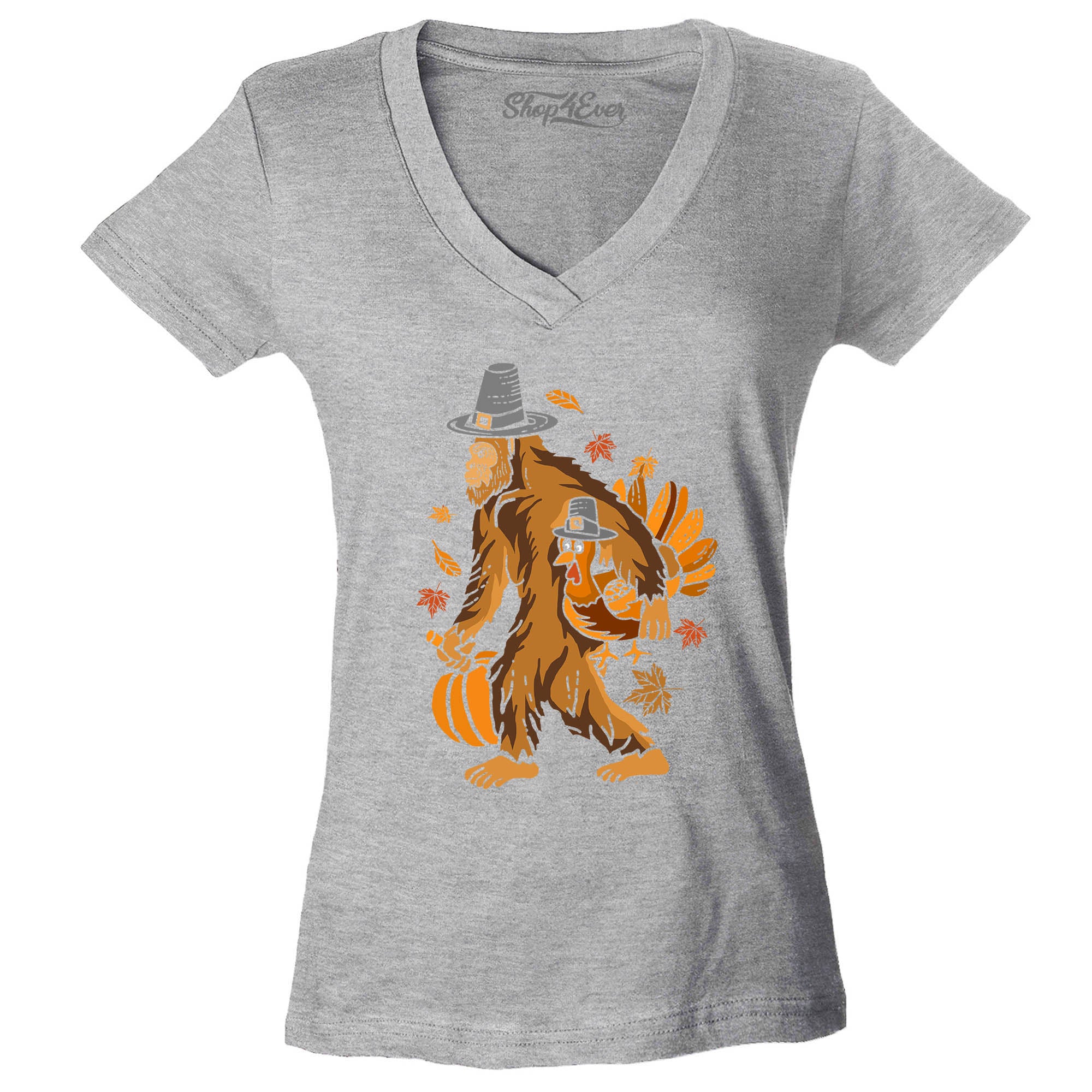 Bigfoot Pilgrim Turkey Pumpkin Thanksgiving Sasquatch Women's V-Neck T-Shirt Slim Fit