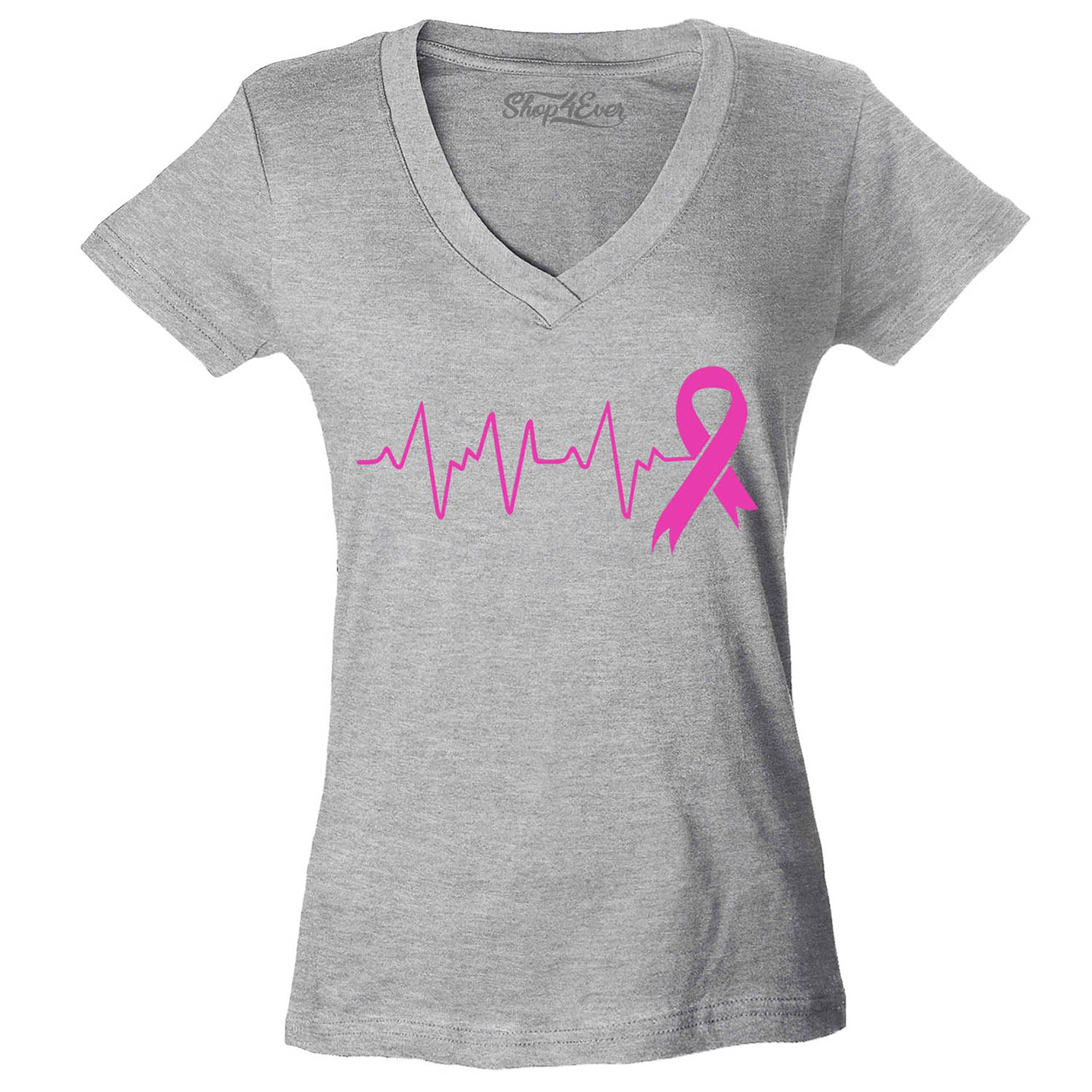 Heartbeat Pink Ribbon Breast Cancer Awareness Women's V-Neck T-Shirt Slim Fit