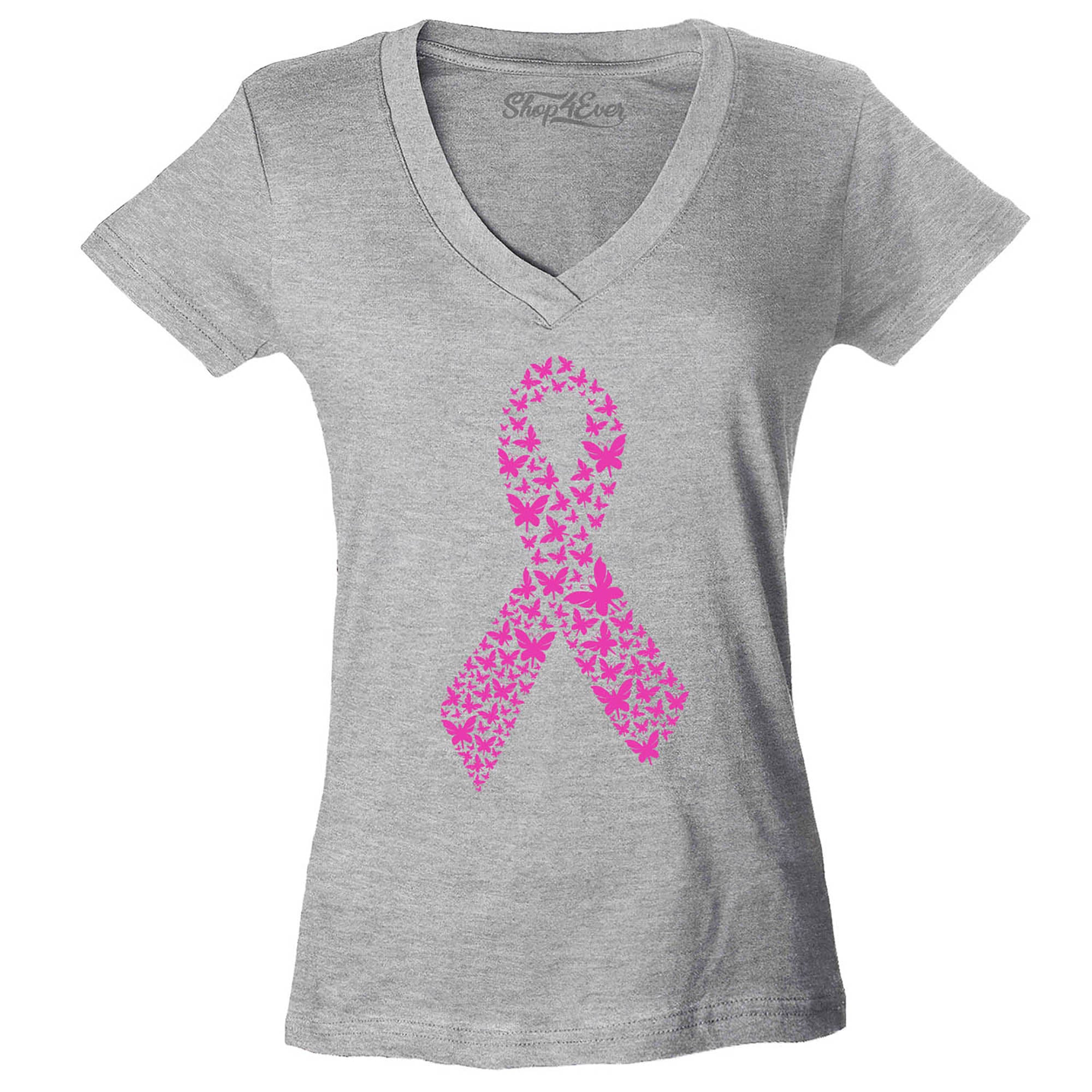 Pink Butterfly Ribbon Breast Cancer Awareness Women's V-Neck T-Shirt Slim Fit