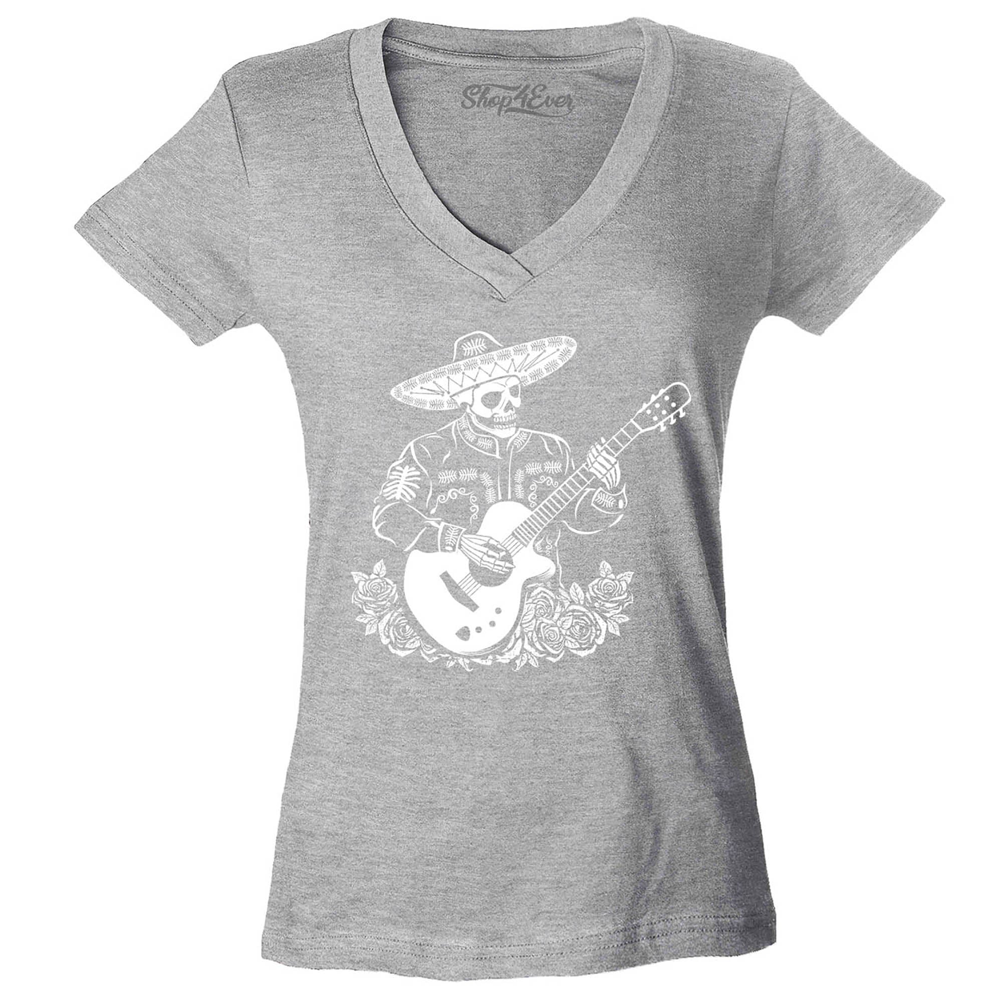Mariachi Skeleton Playing Guitar Day of The Dead Women's V-Neck T-Shirt Slim Fit