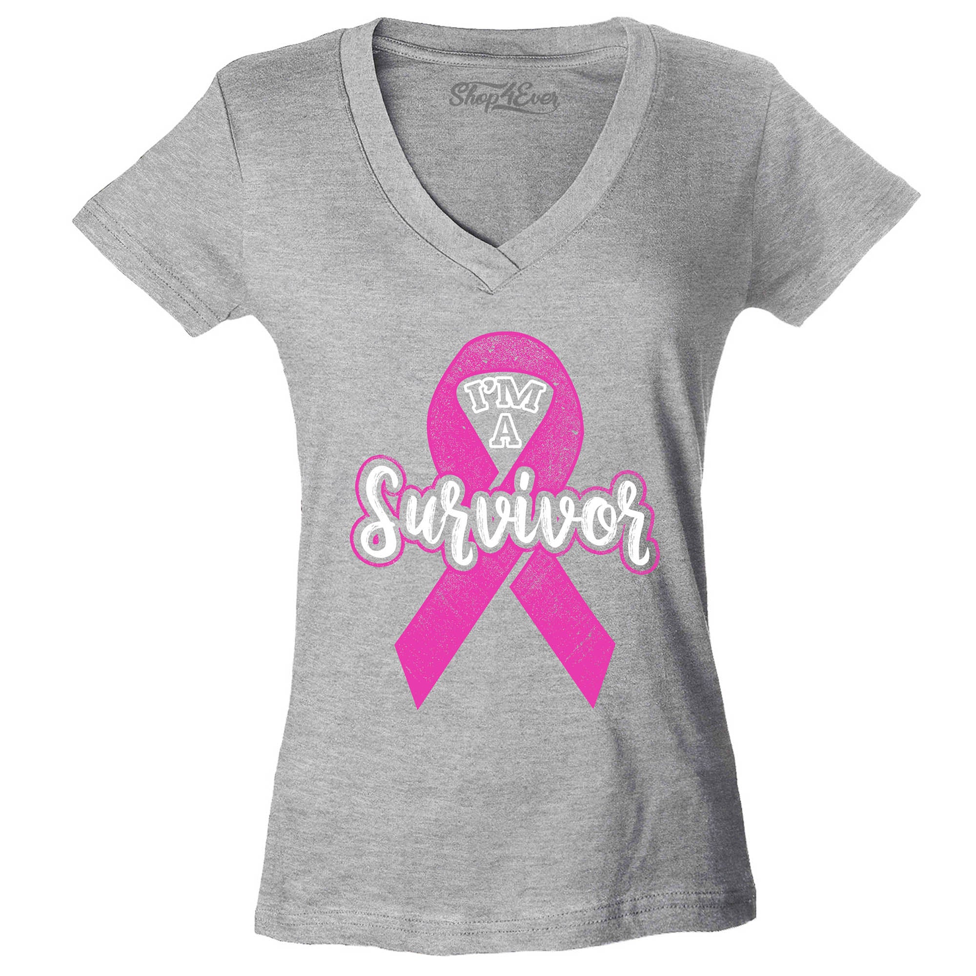 I'm A Survivor Breast Cancer Awareness Women's V-Neck T-Shirt Pink Ribbon Shirts Slim Fit