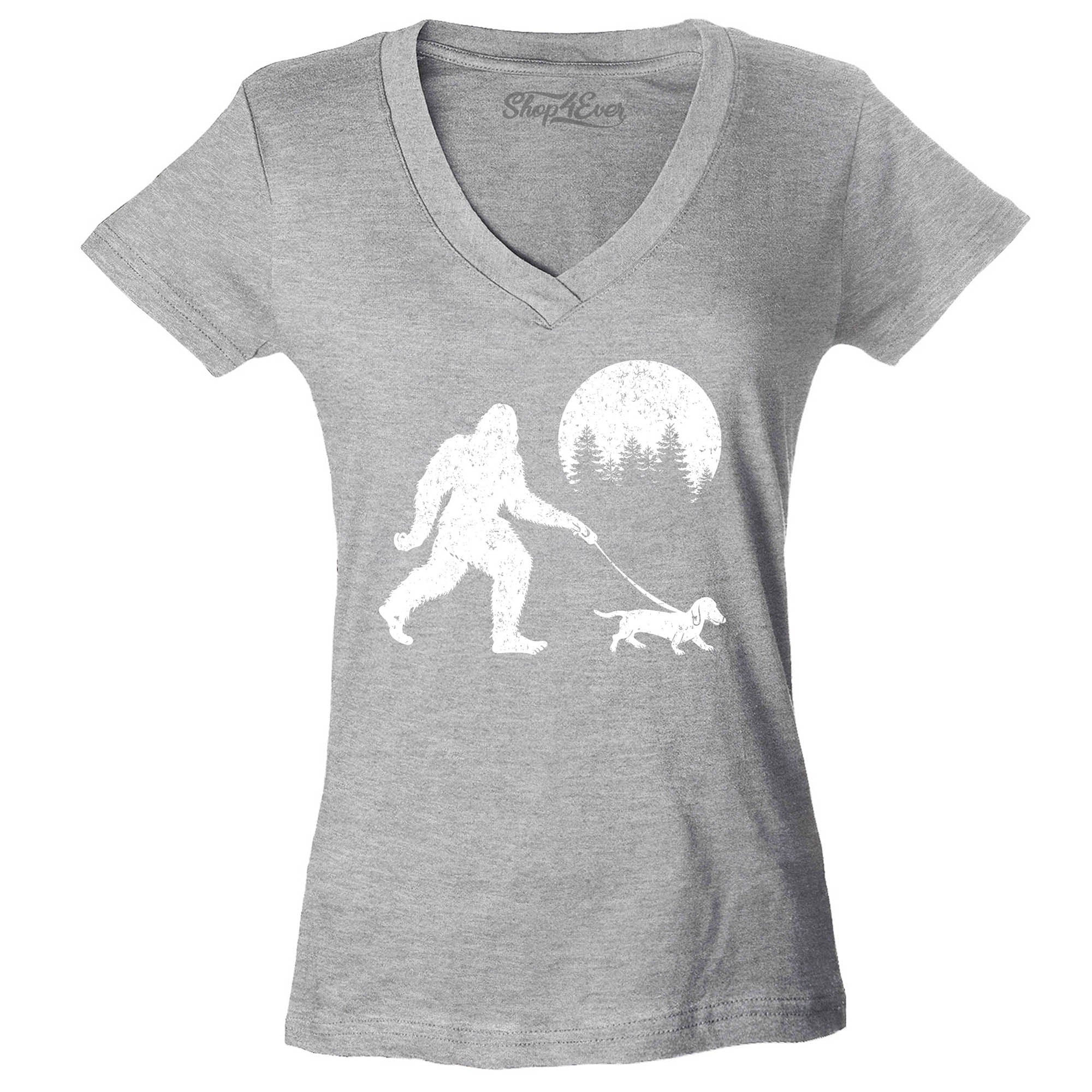 Bigfoot Walking Wiener Dog Funny Sasquatch Dachshund Women's V-Neck T-Shirt Slim Fit