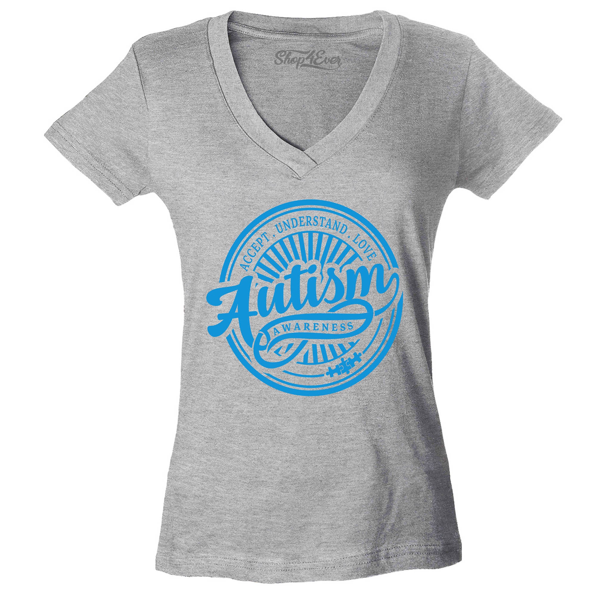 Autism Awareness Accept Understand Love Blue Circle Women's V-Neck T-Shirt Slim Fit