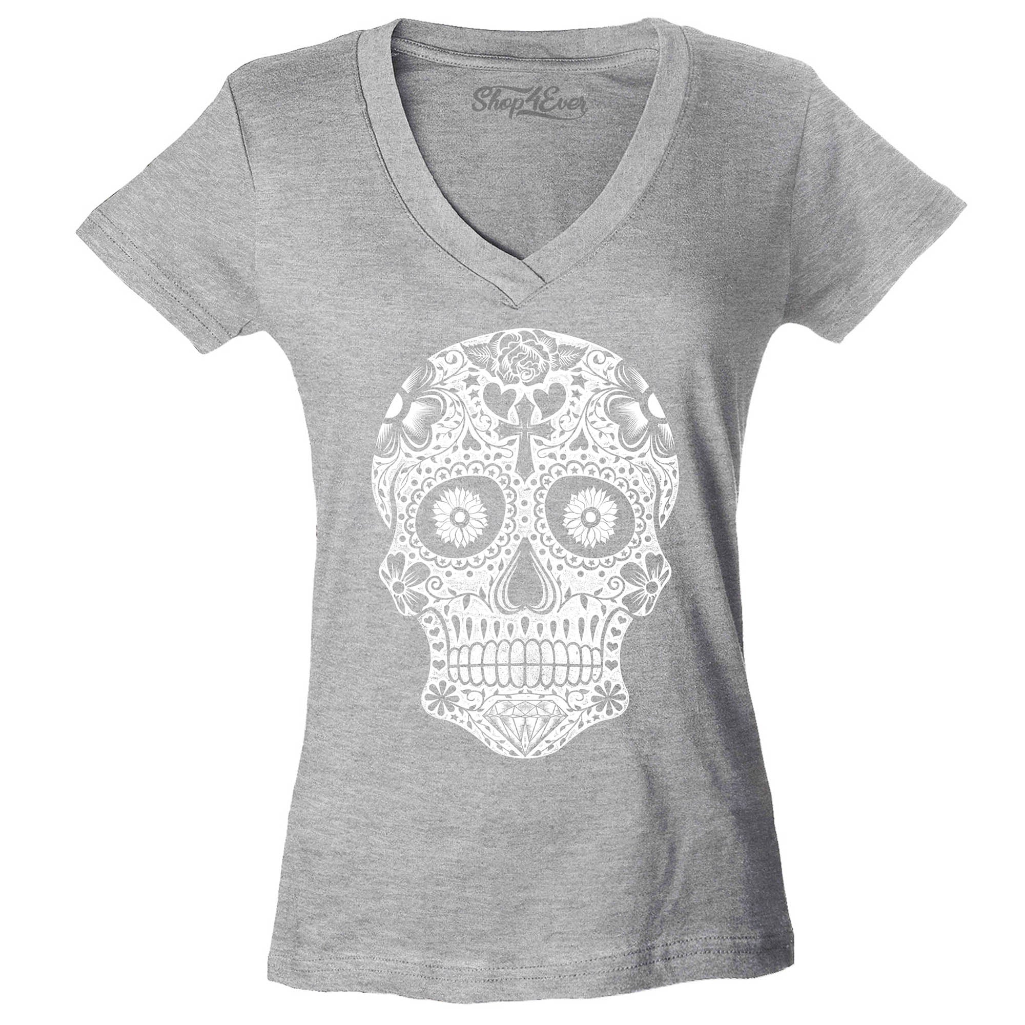 Day of The Dead White Skull Women's V-Neck T-Shirt Slim Fit