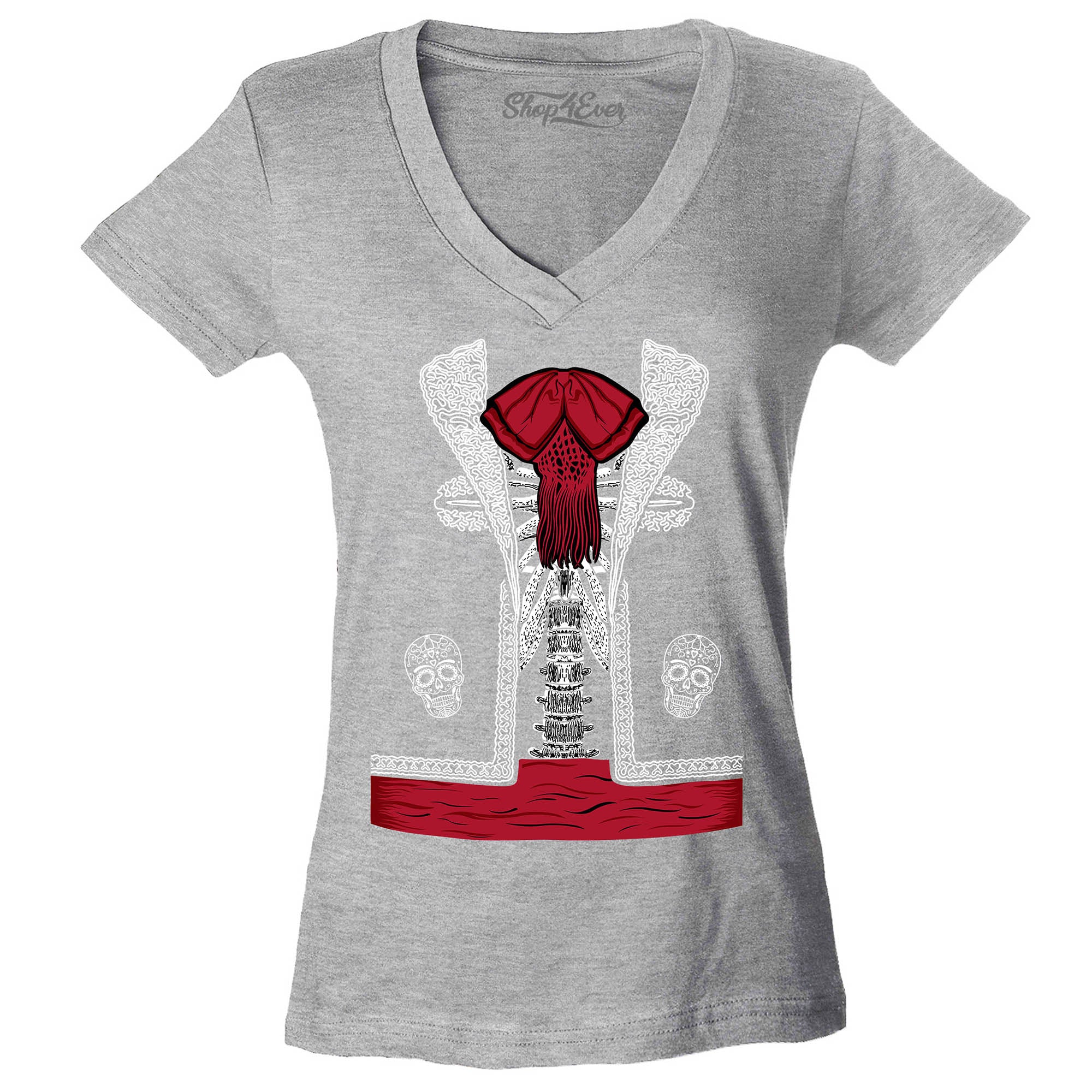 Day of The Dead Mariachi Skeleton Costume Women's V-Neck T-Shirt Slim Fit