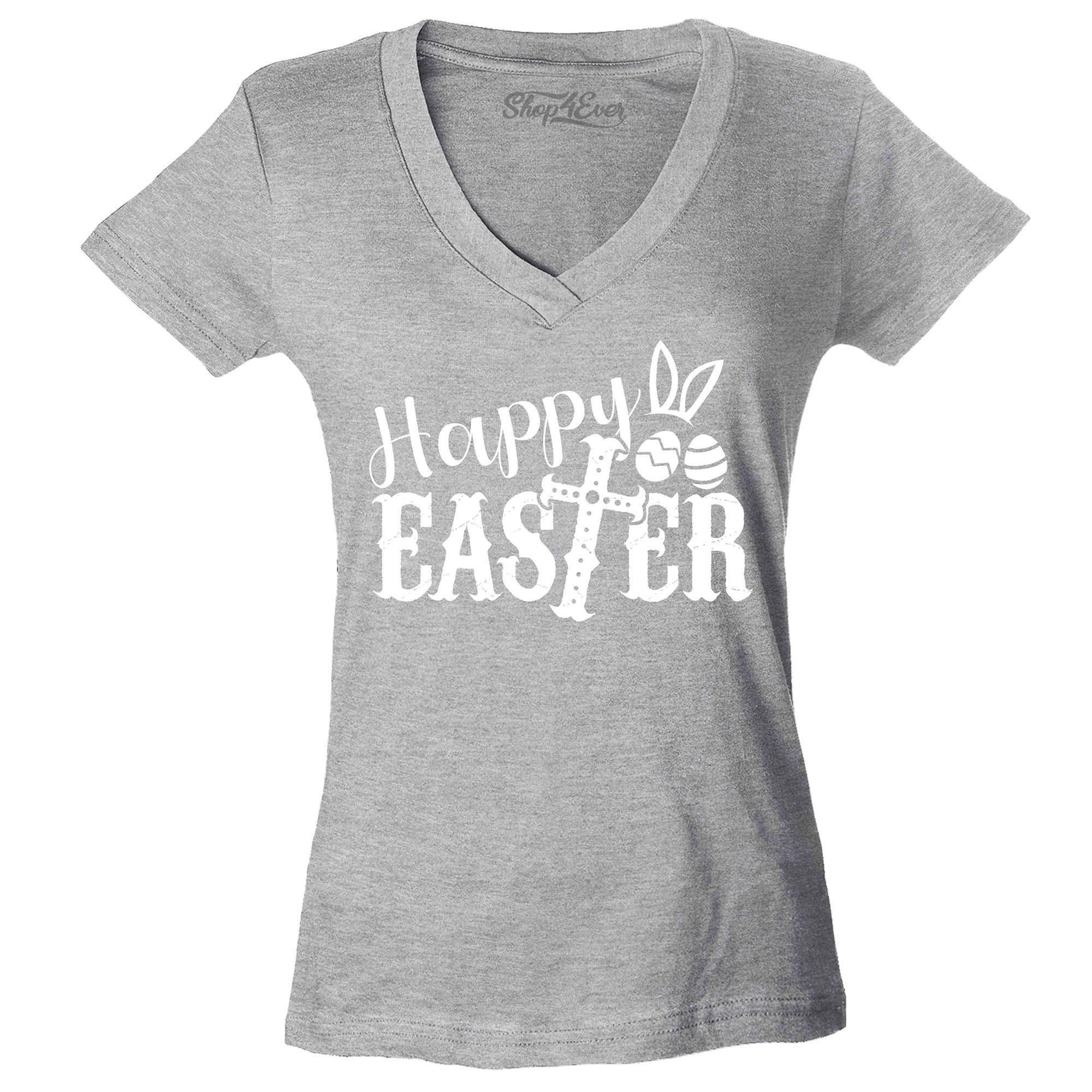 Happy Easter with Cross Women's V-Neck T-Shirt Slim Fit