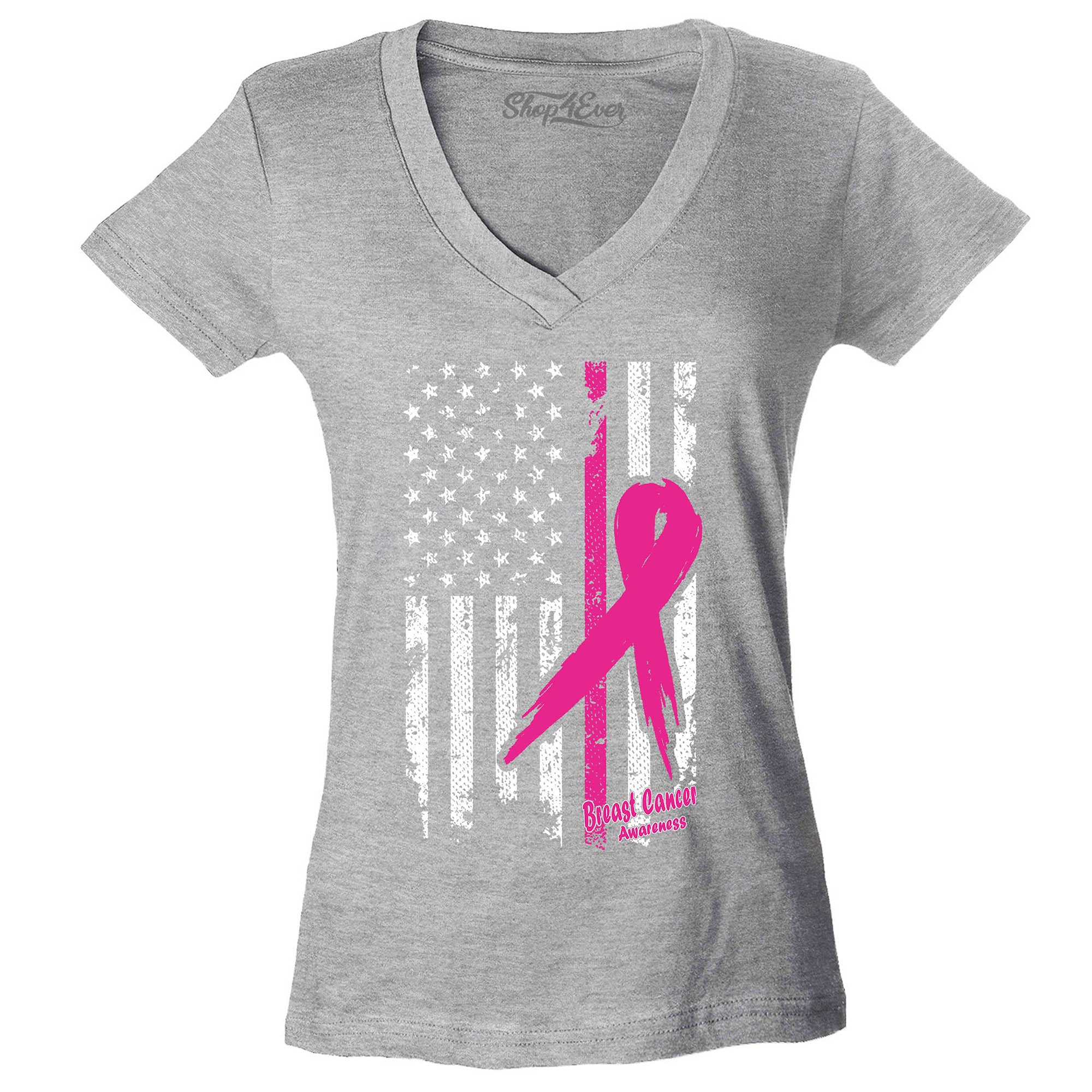 Pink Breast Cancer Ribbon American Flag Women's V-Neck T-Shirt Slim FIT
