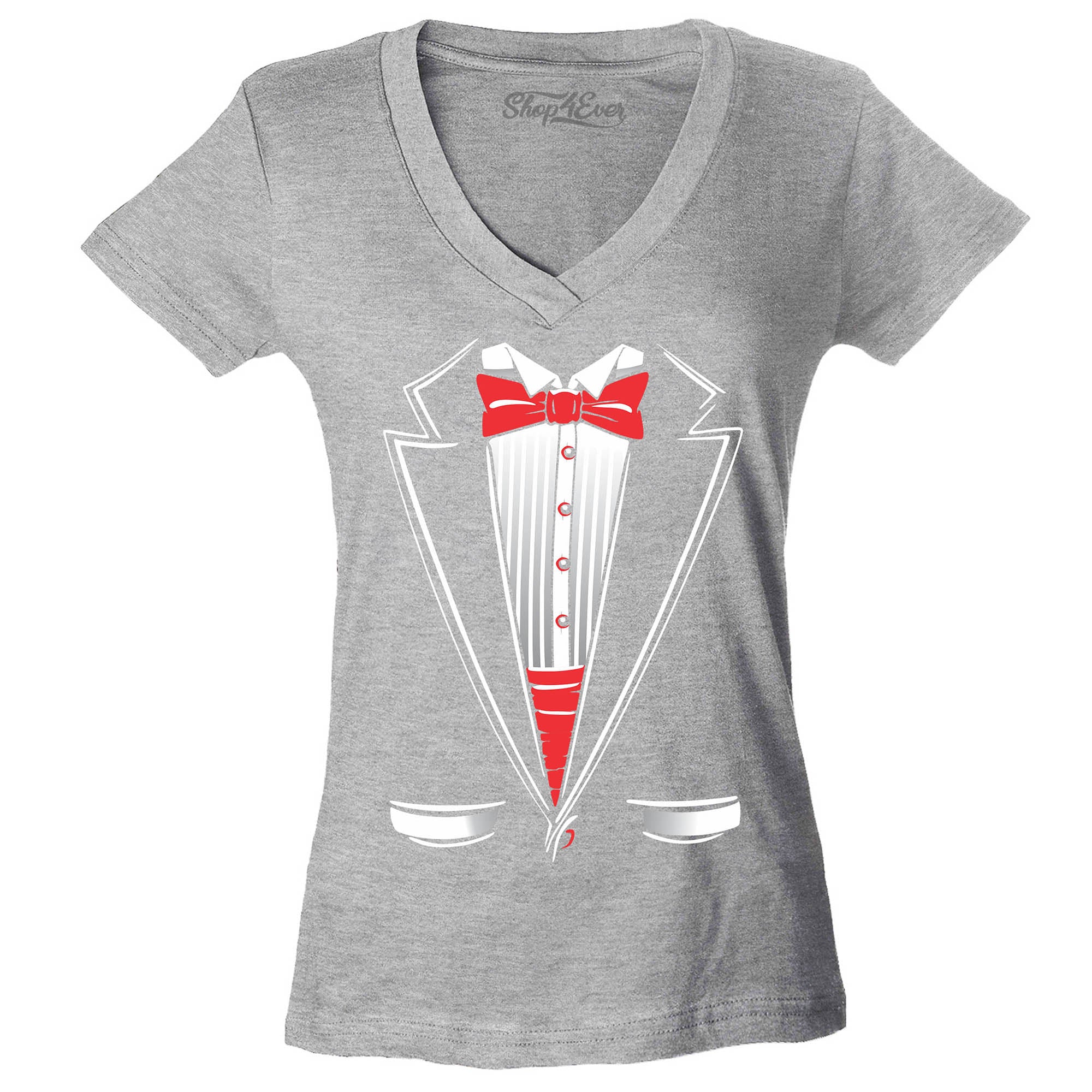 Classic Tuxedo Women's V-Neck T-Shirt Party Costume Shirts Slim FIT