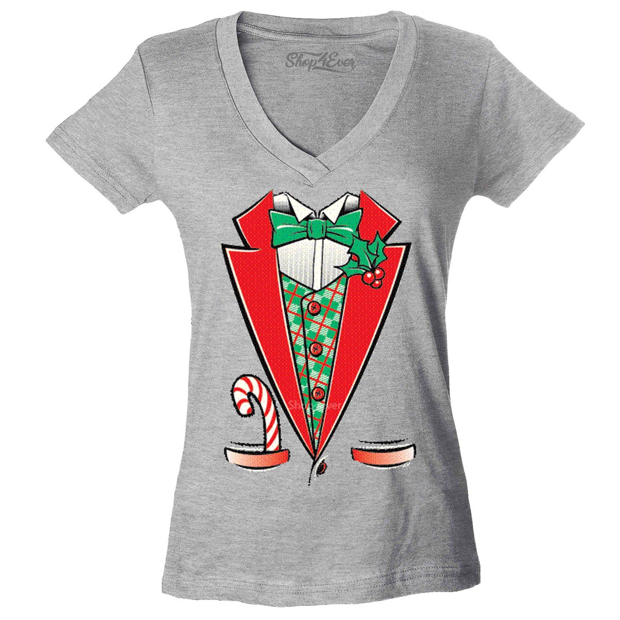 Tuxedo Christmas Costume Women's V-Neck T-Shirt Xmas Shirts Slim FIT