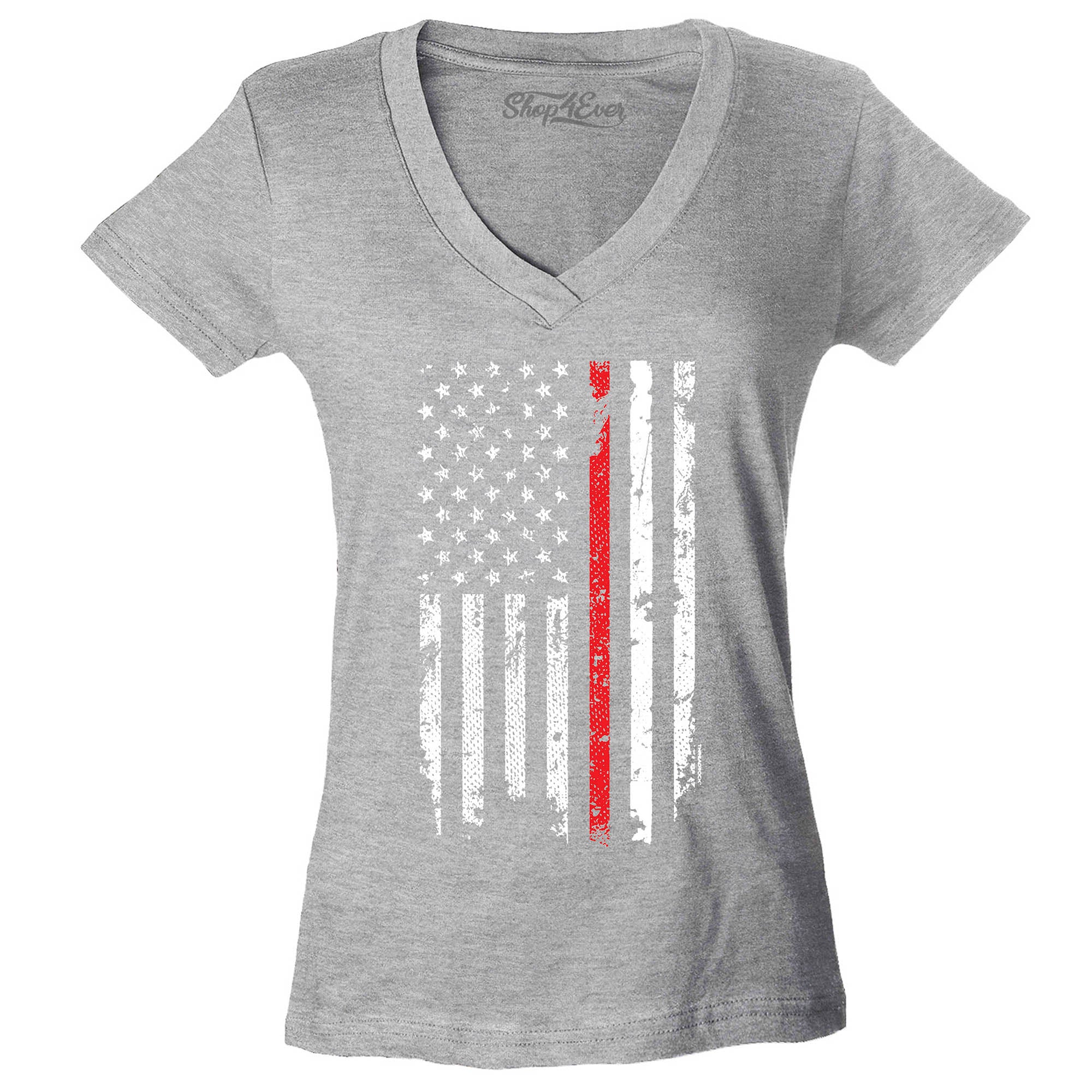 Firefighter American Flag Red Line Stripe USA Women's V-Neck T-Shirt 4th of July Shirts Slim FIT