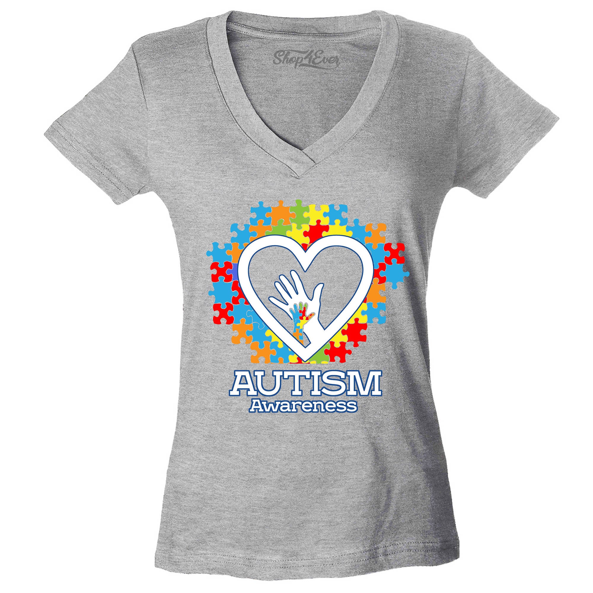 Autism Awareness Hands in Heart Women's V-Neck T-Shirt Slim Fit