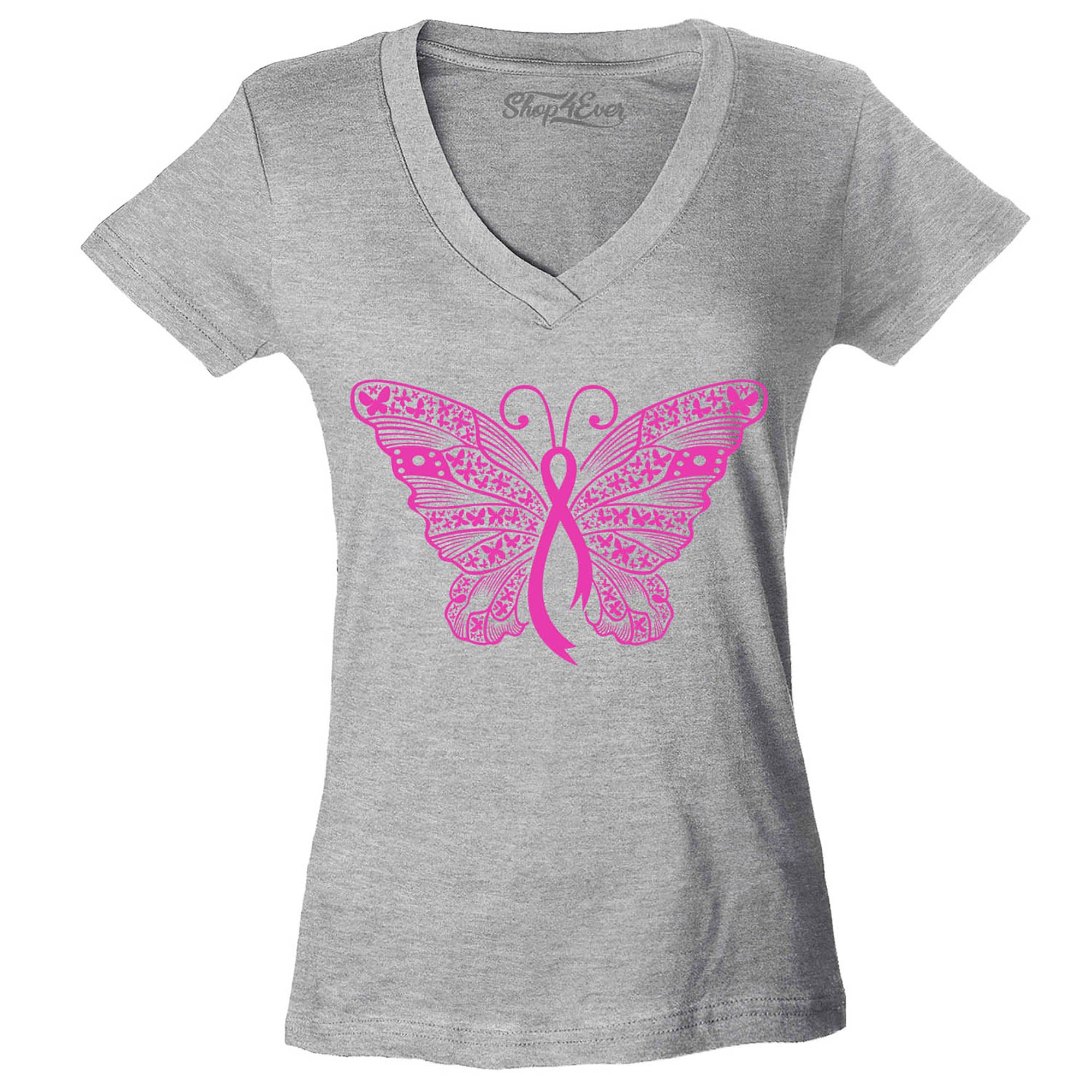 Pink Ribbon Butterfly Breast Cancer Awareness Women's V-Neck T-Shirt Slim Fit