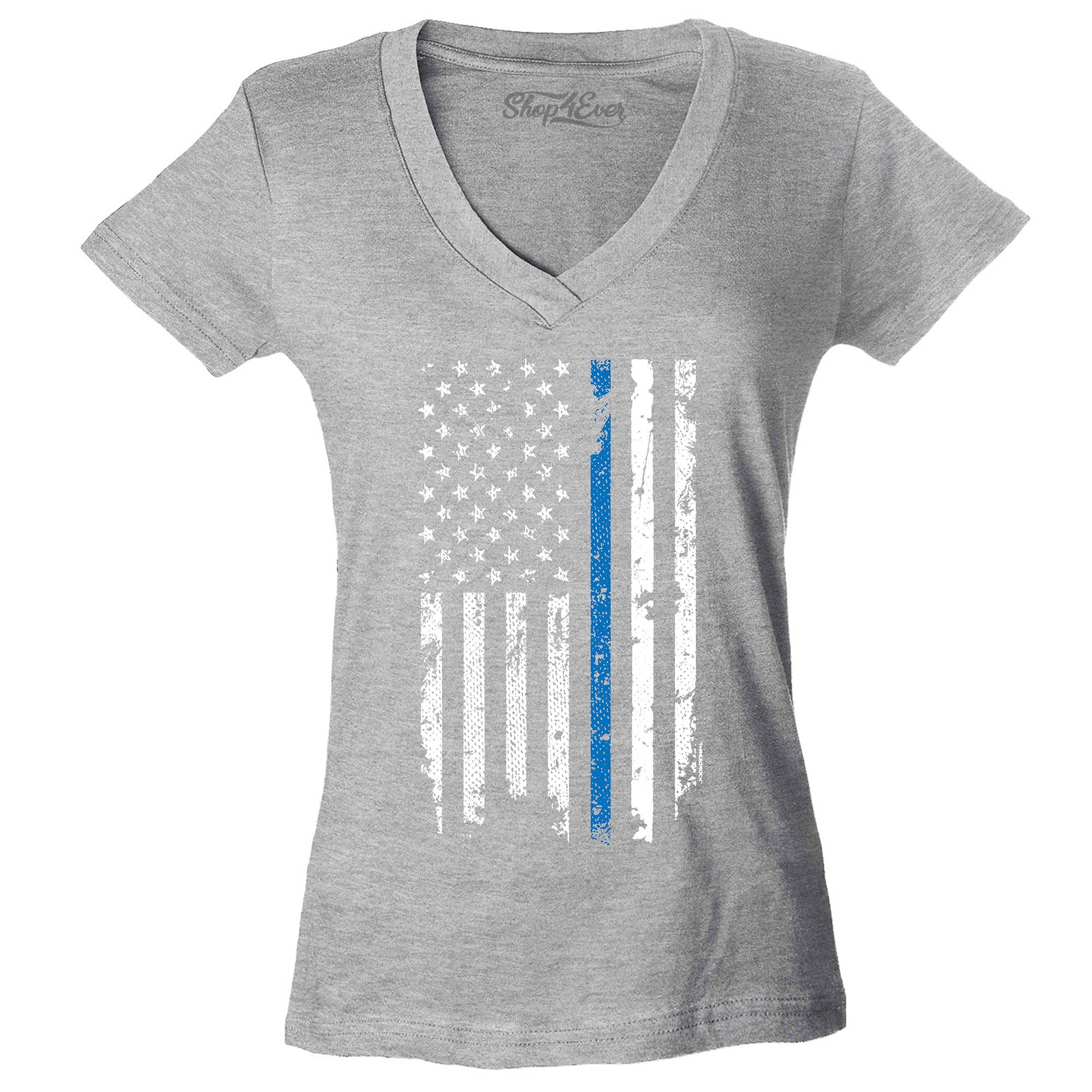 Police Officer American Flag Blue Line USA Women's V-Neck T-Shirt Law Enforcement Shirts Slim FIT