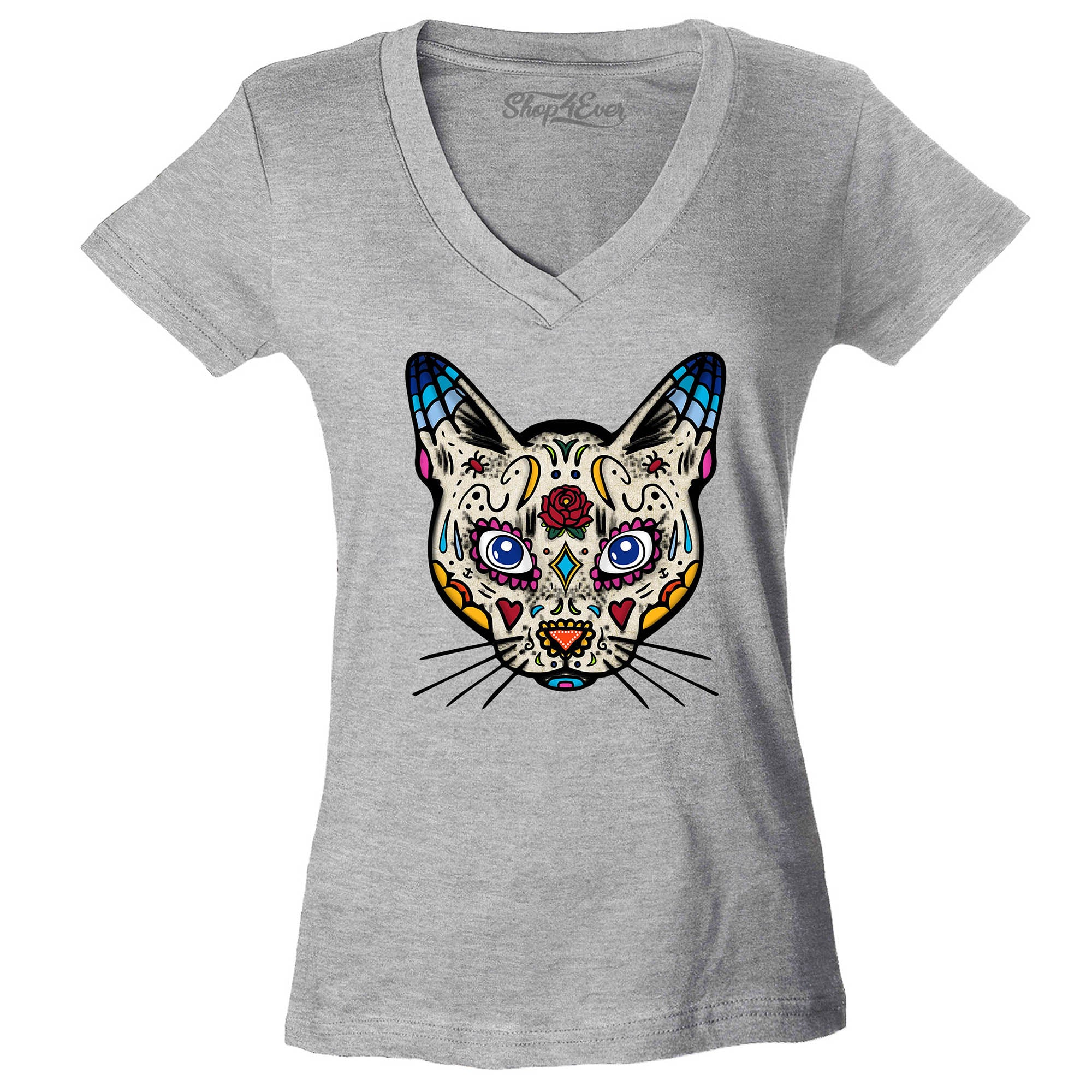 Day of The Dead Sugar Cat Women's V-Neck T-Shirt Slim Fit