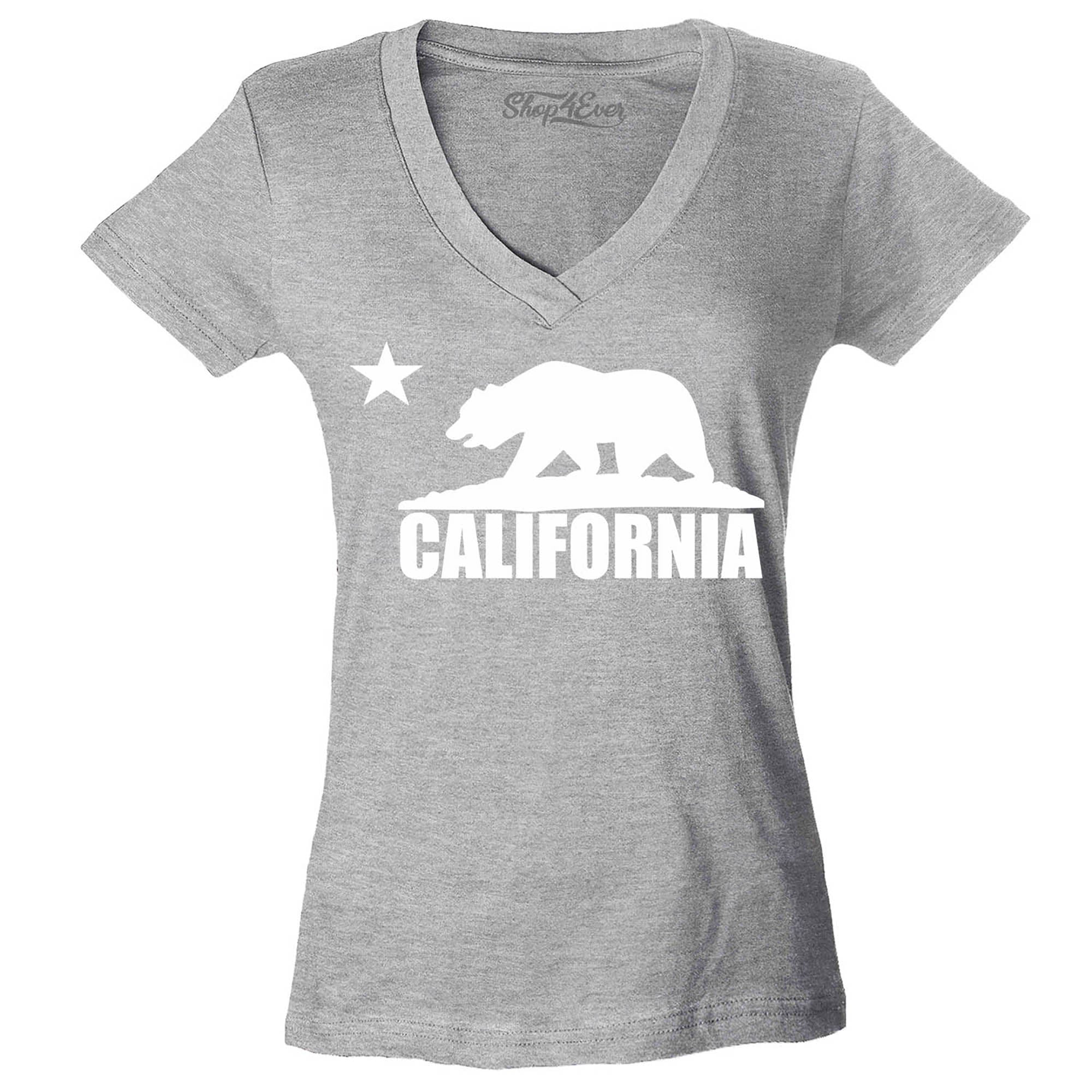 California Bear White Women's V-Neck T-Shirt Flag Shirts Slim FIT