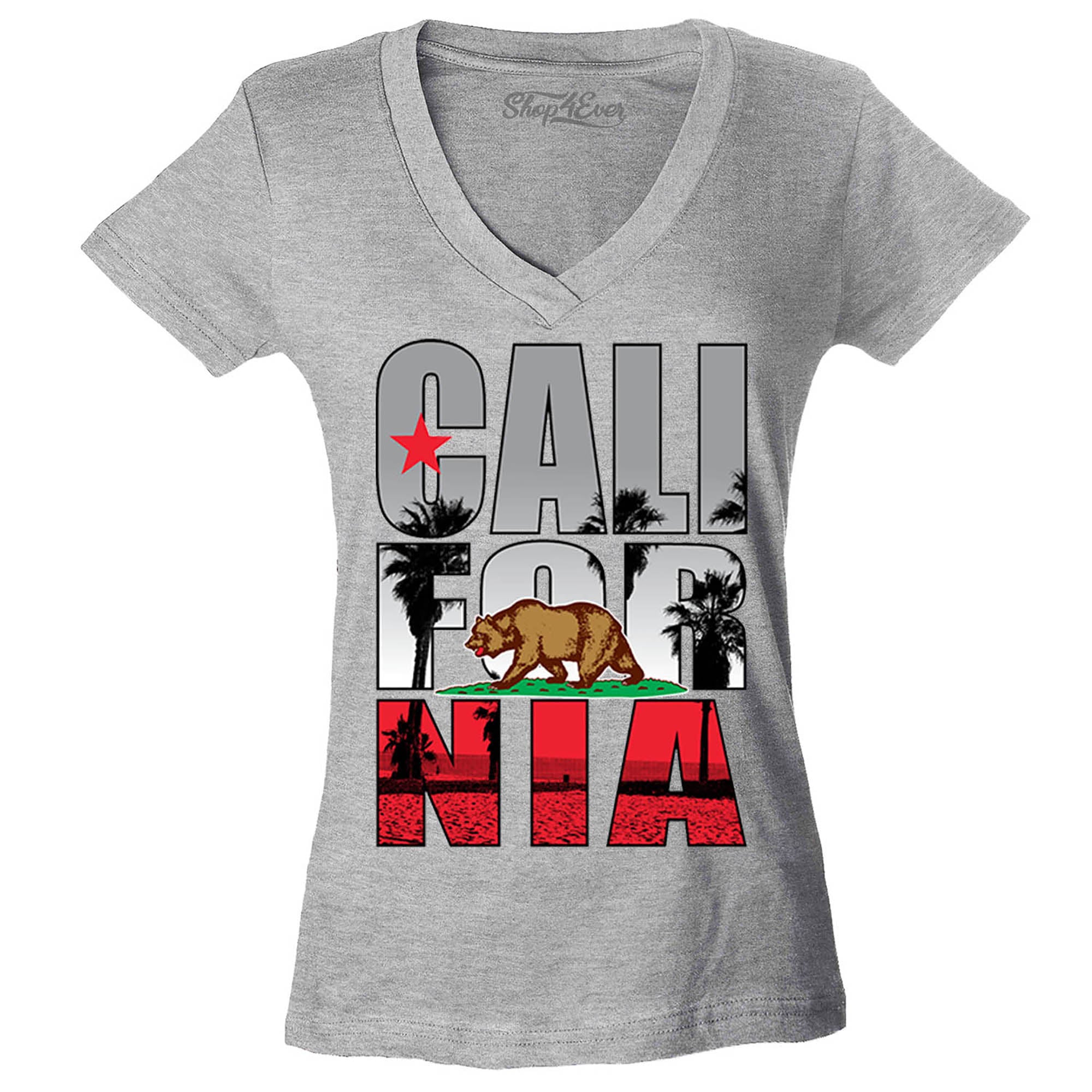 California Beach Palm Tree Women's V-Neck T-Shirt Flag Shirts Slim FIT