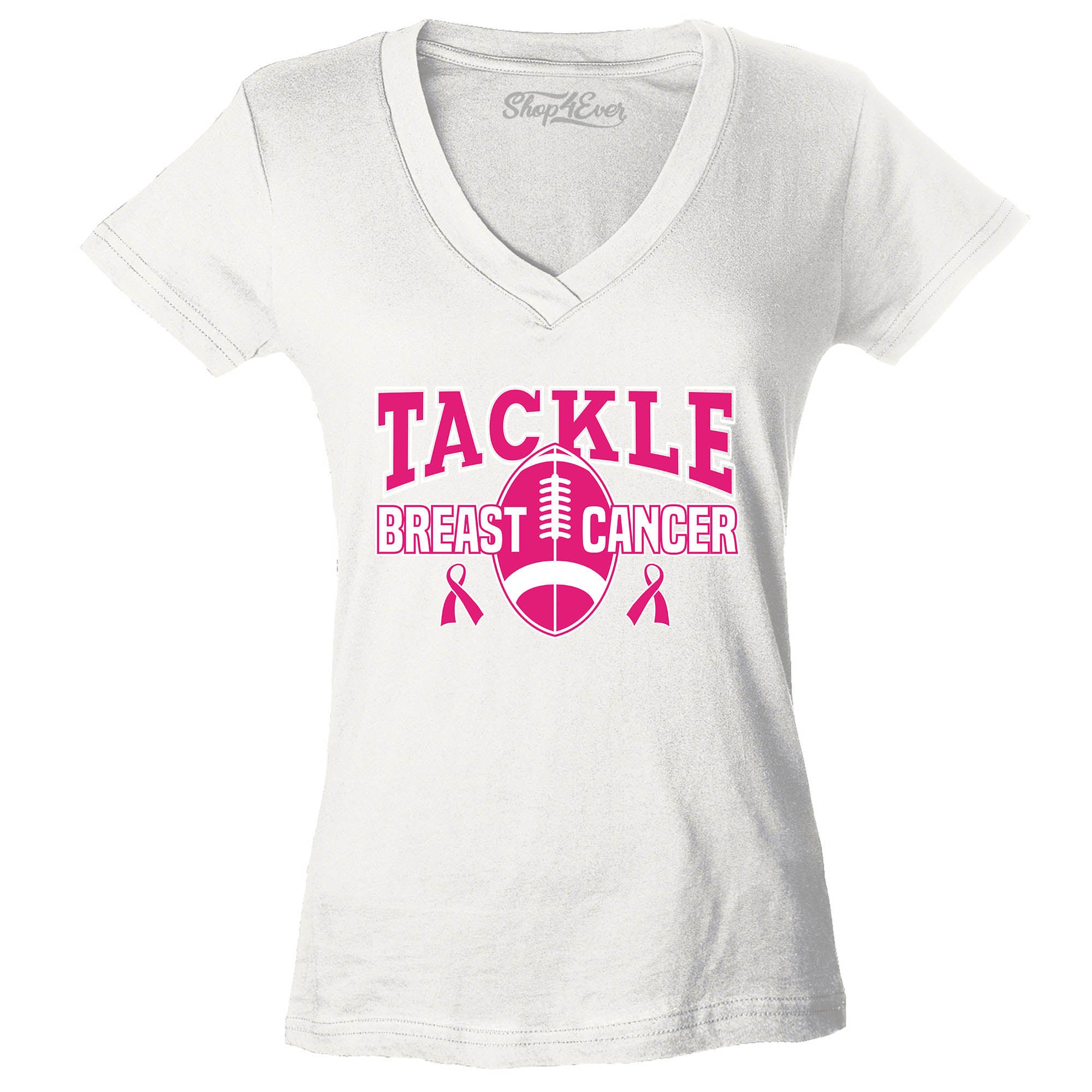 Tackle Breast Cancer Awareness Women's V-Neck T-Shirt Football Pink Ribbon Shirts Slim Fit