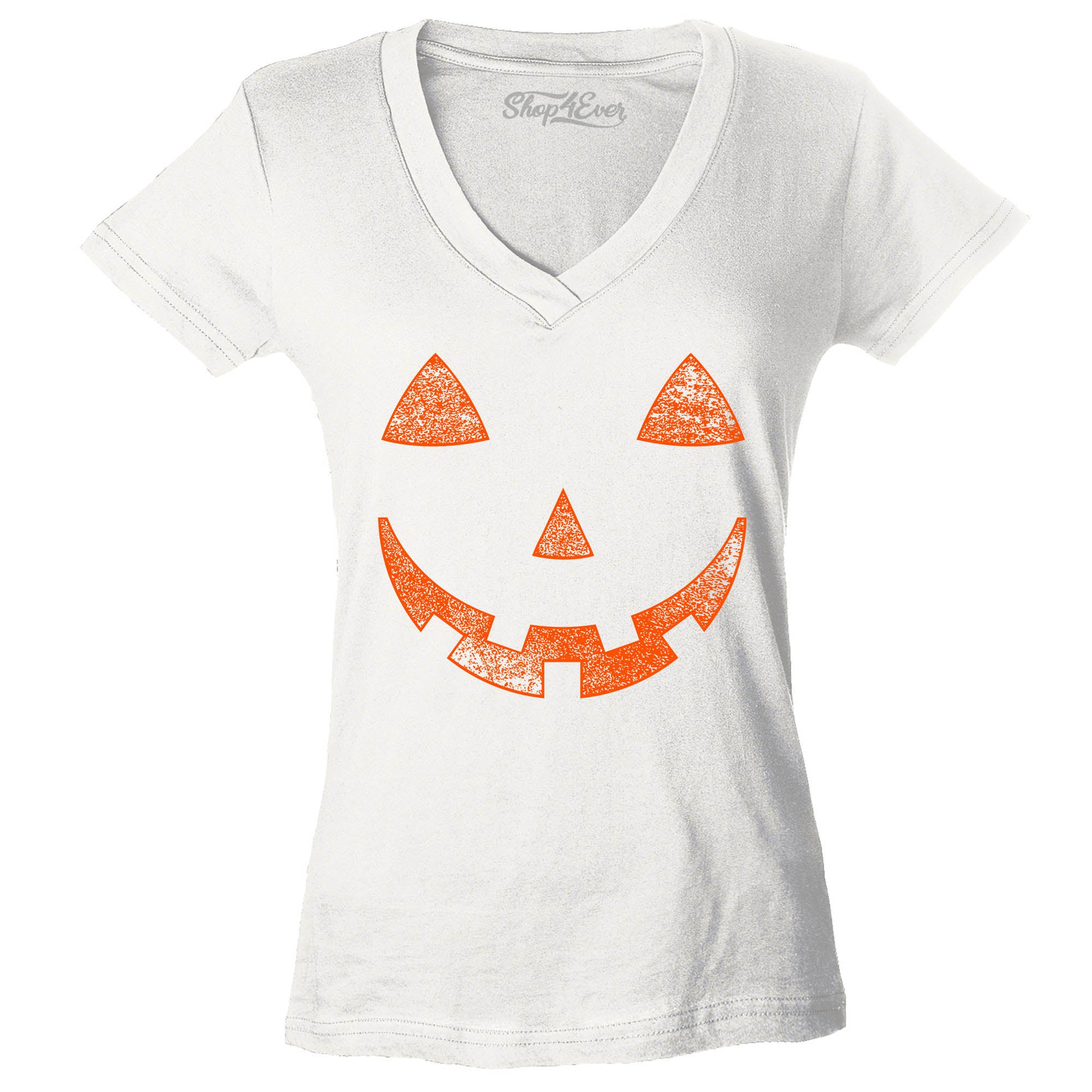 Orange Jack O' Lantern Pumpkin Face Halloween Costume Women's V-Neck T-Shirt Slim Fit