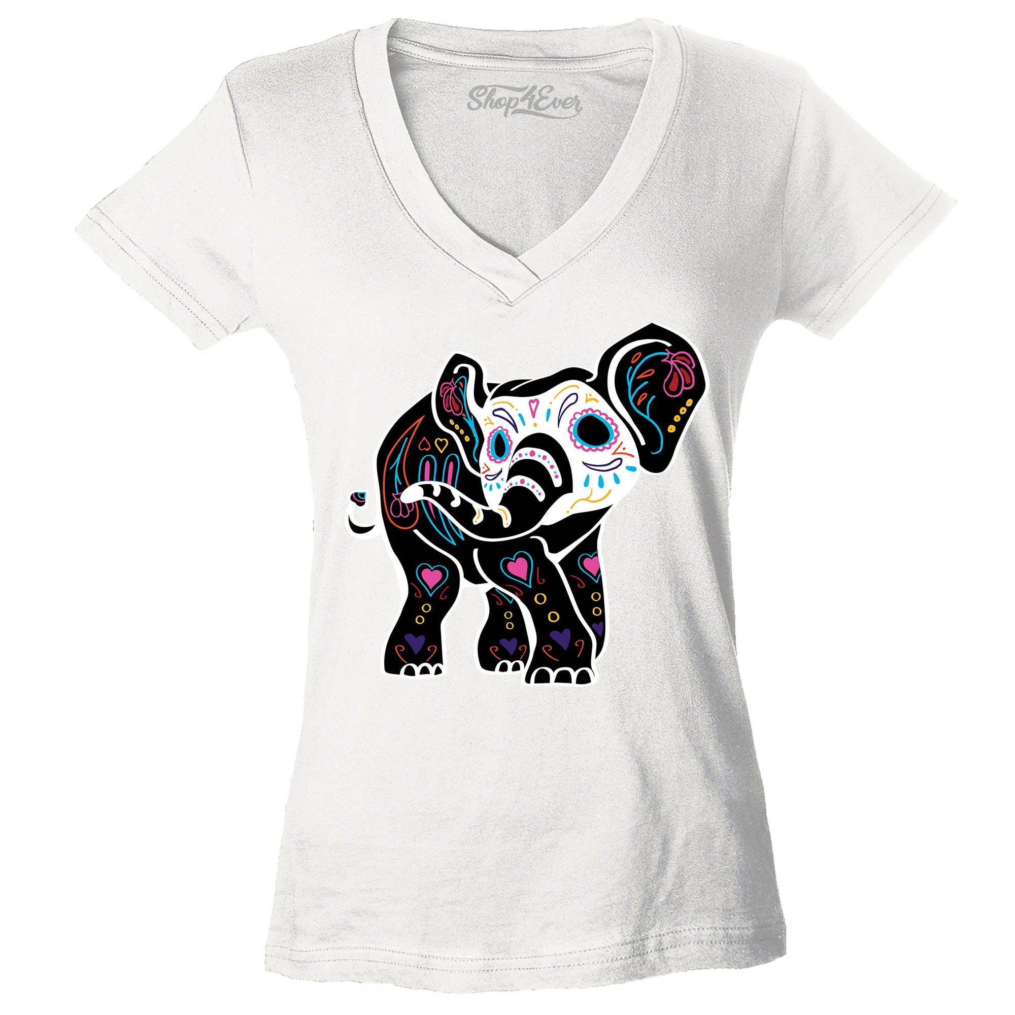 Day of The Dead Sugar Elephant Women's V-Neck T-Shirt Slim Fit