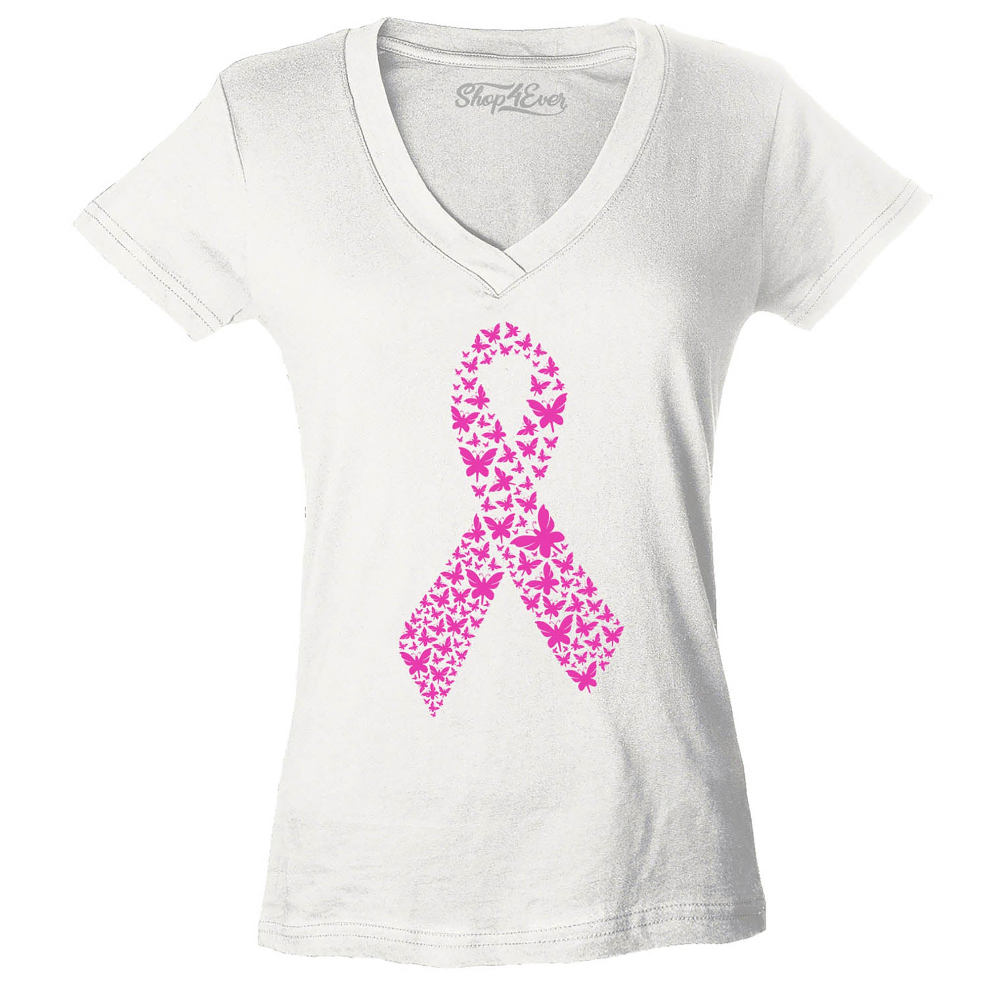 Pink Butterfly Ribbon Breast Cancer Awareness Women's V-Neck T-Shirt Slim Fit