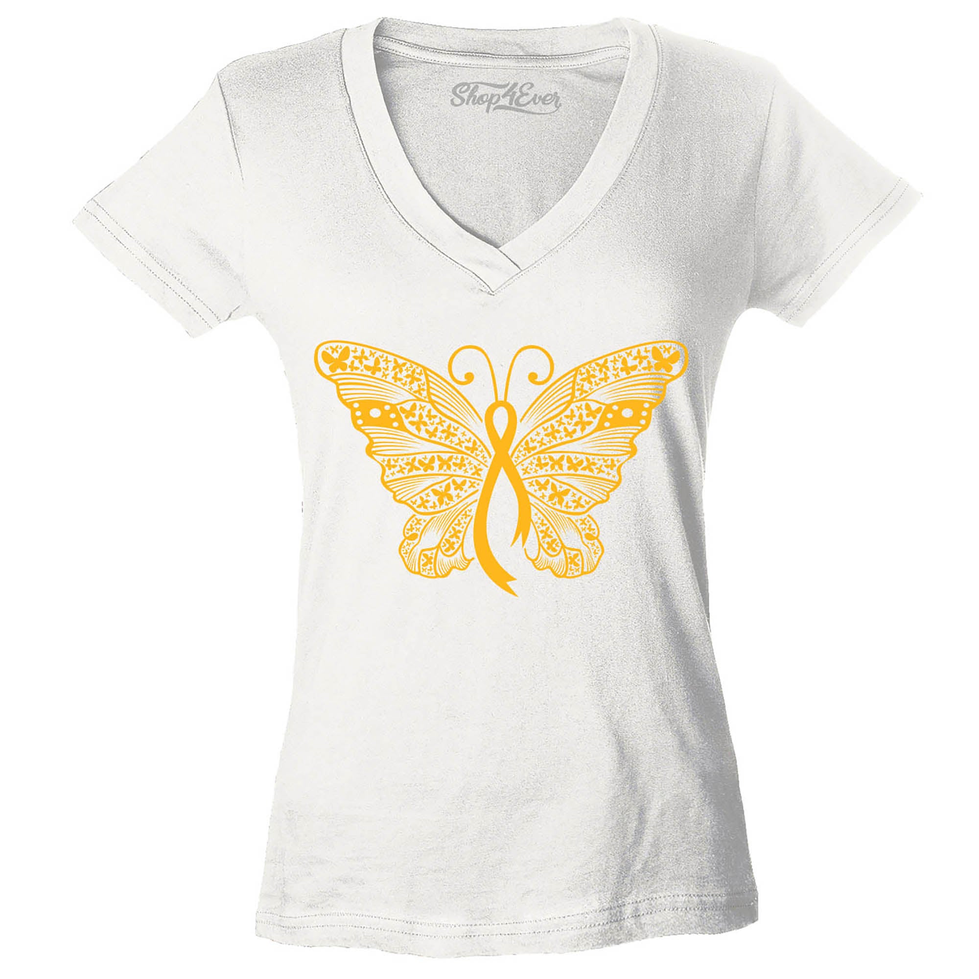 Gold Ribbon Butterfly Childhood Cancer Awareness Women's V-Neck T-Shirt Slim Fit