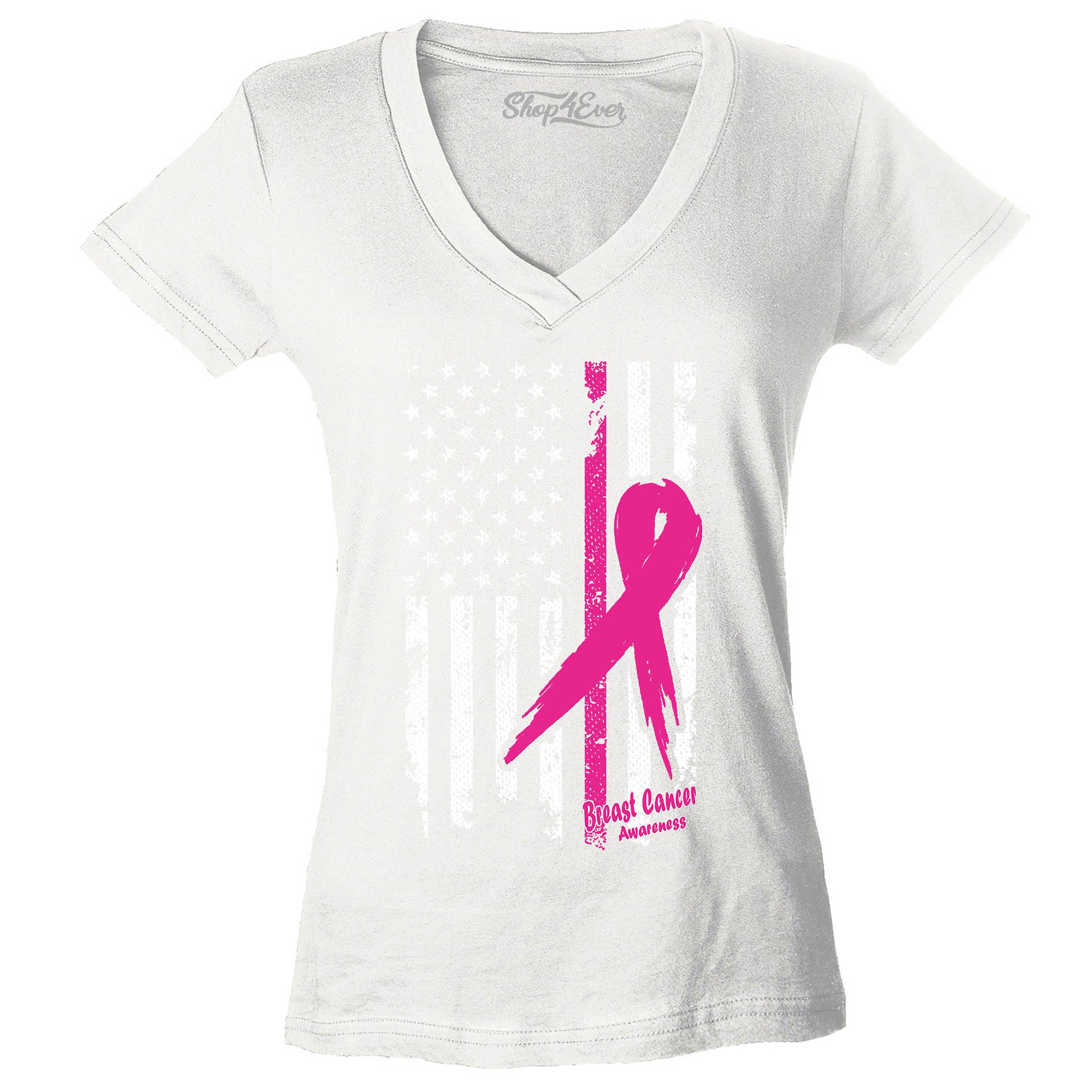 Pink Breast Cancer Ribbon American Flag Women's V-Neck T-Shirt Slim FIT