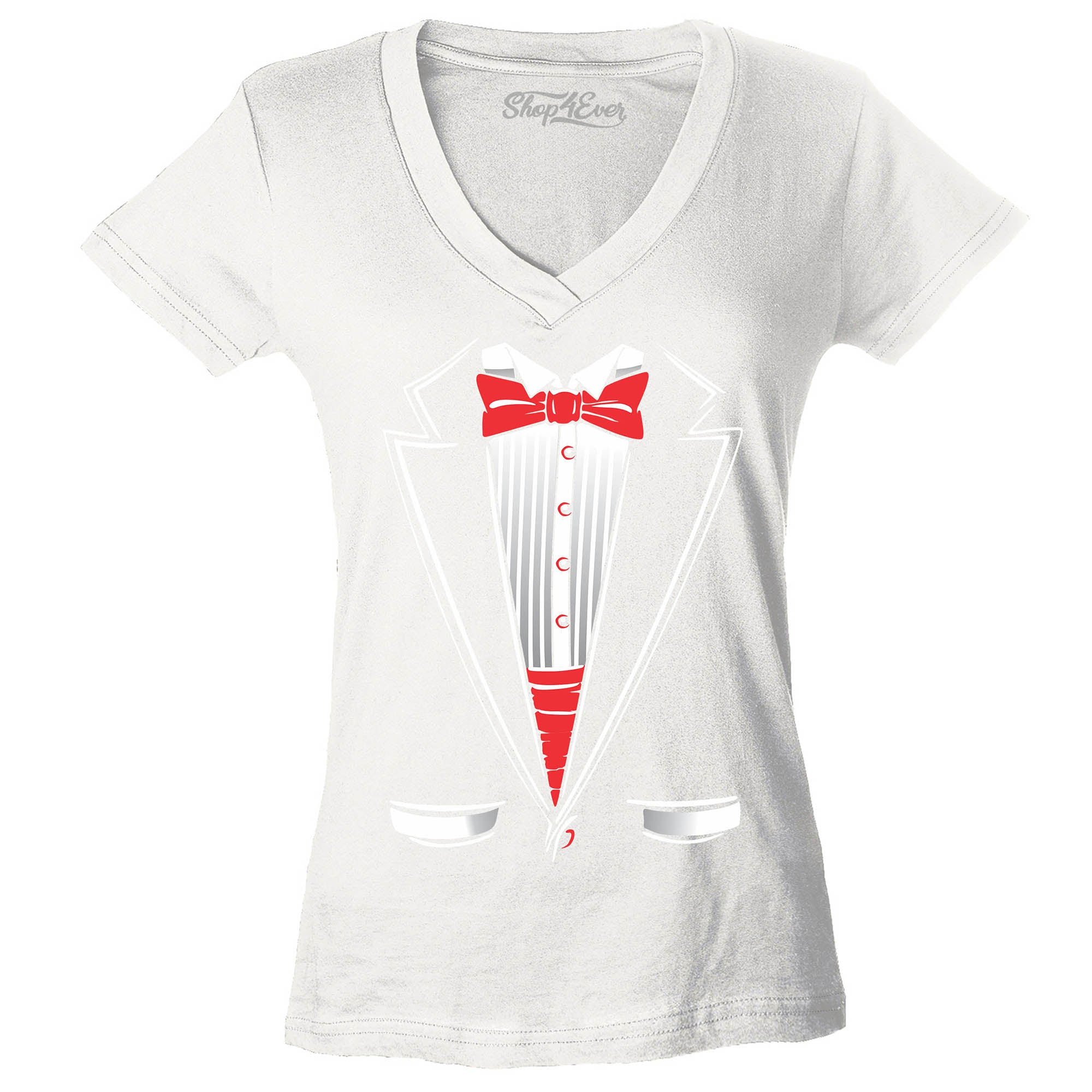 Classic Tuxedo Women's V-Neck T-Shirt Party Costume Shirts Slim FIT