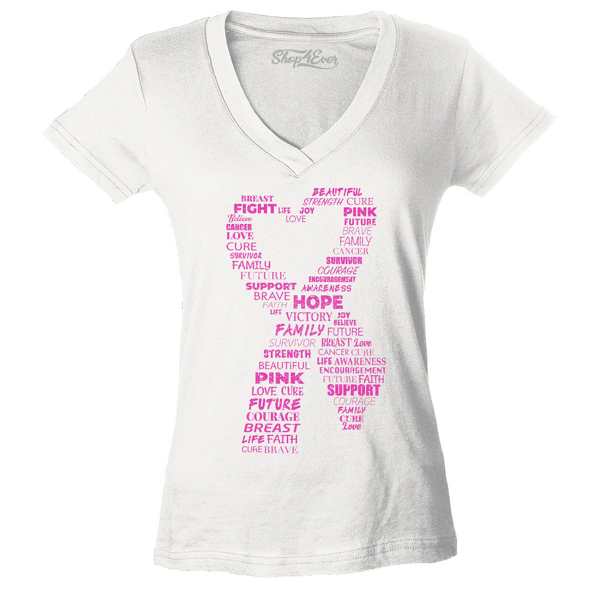 Pink Heart Ribbon Montage Breast Cancer Awareness Word Cloud Women's V-Neck T-Shirt Slim Fit