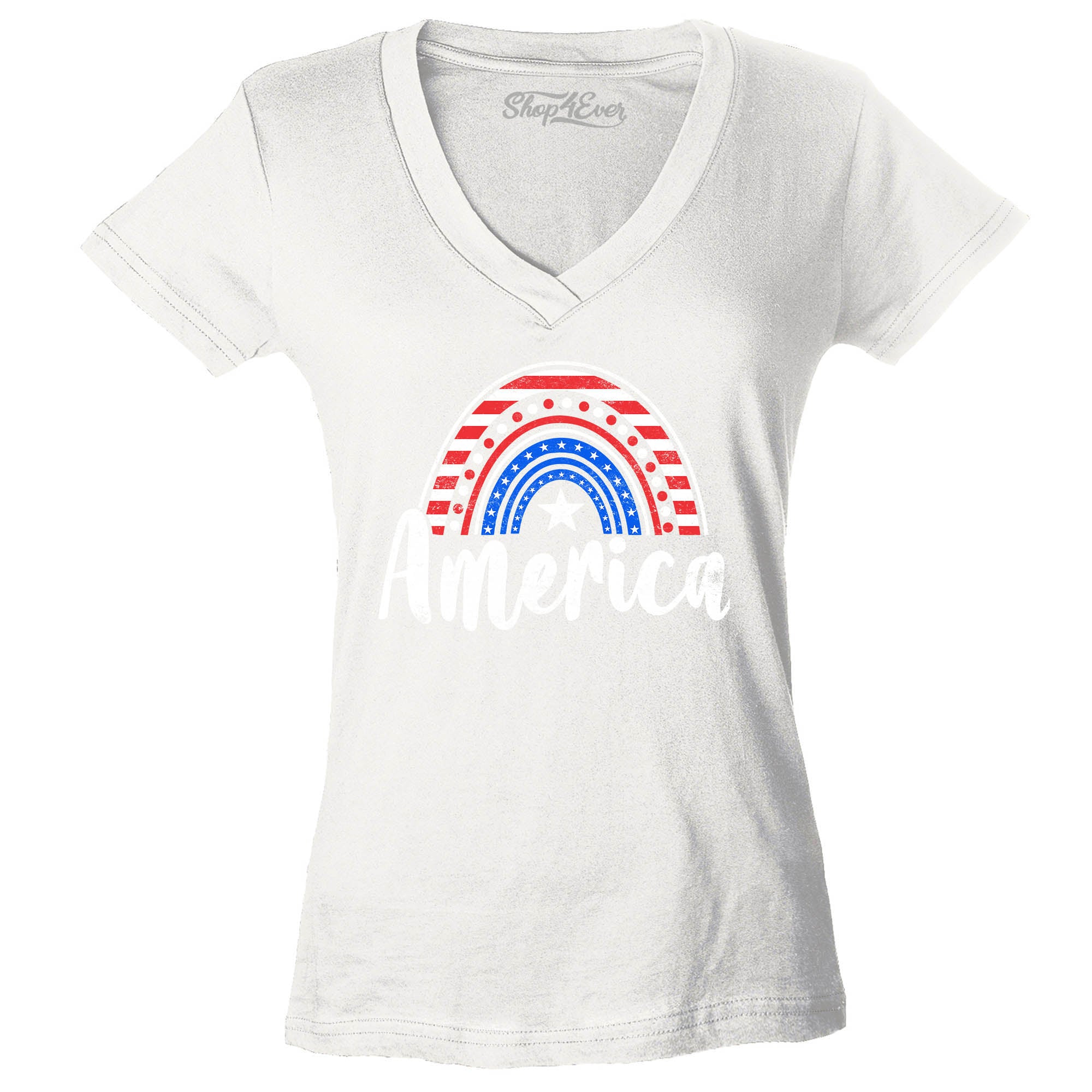 America Patriotic Rainbow 4th of July Women's V-Neck T-Shirt Slim Fit