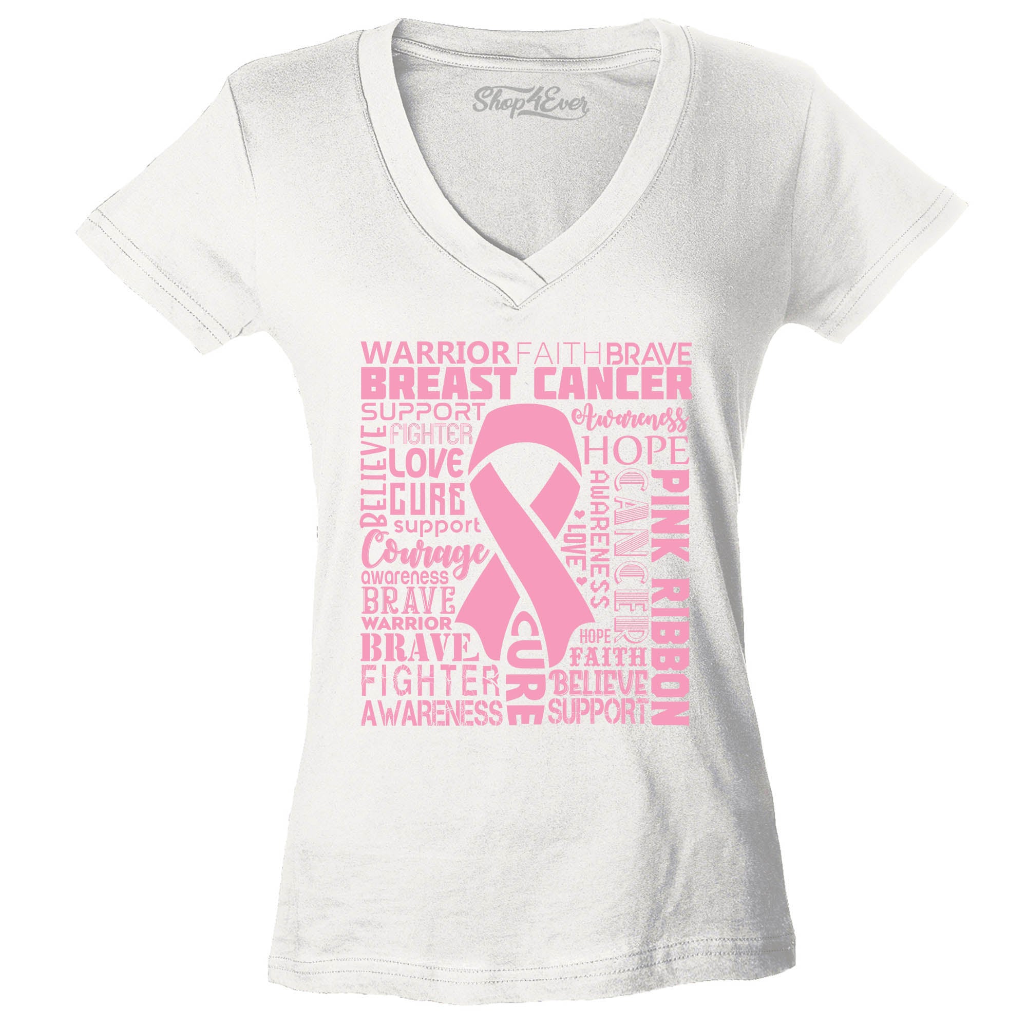 Breast Cancer Awareness Pink Ribbon Word Cloud Women's V-Neck T-Shirt Slim Fit