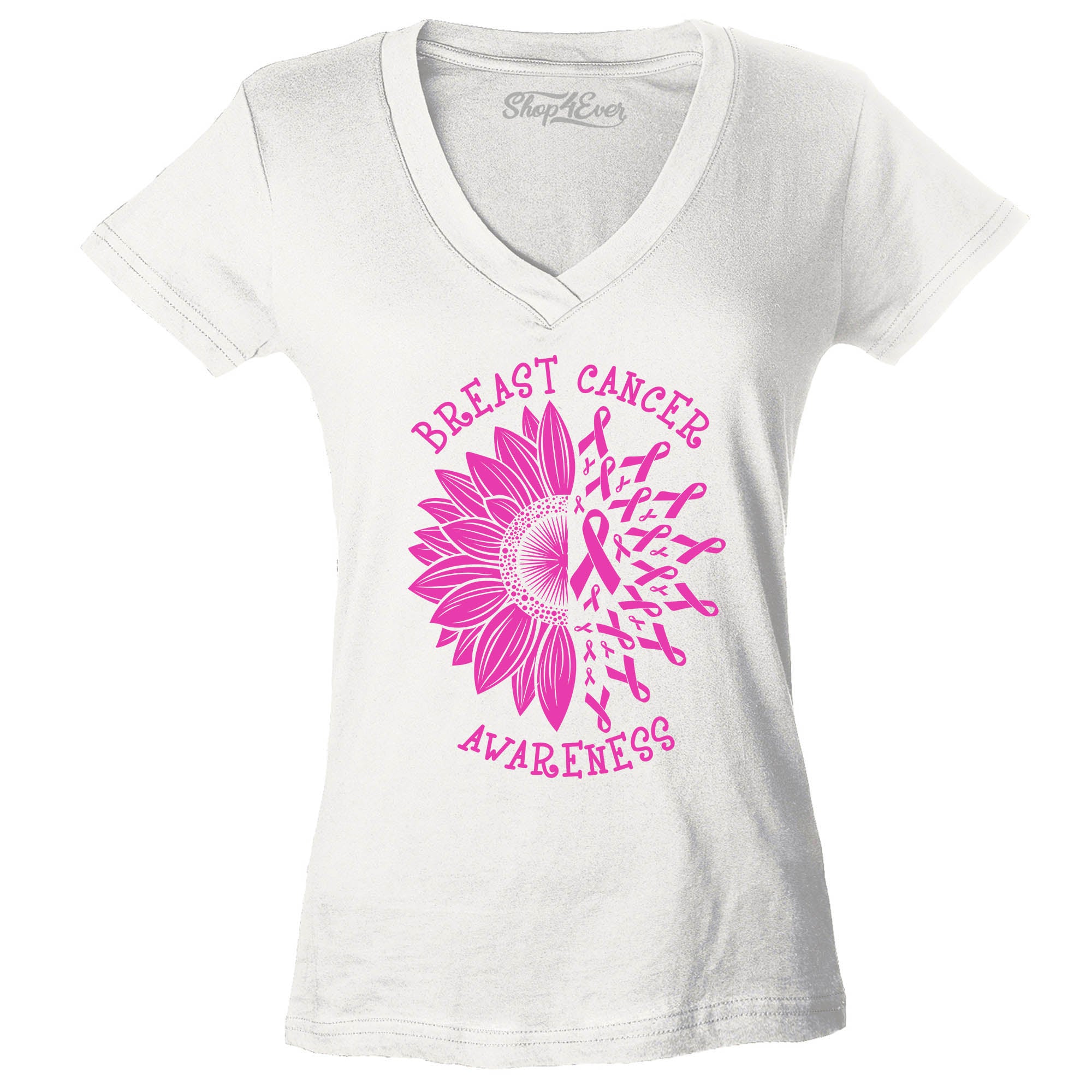 Sunflower Pink Ribbon Breast Cancer Awareness Women's V-Neck T-Shirt Slim Fit
